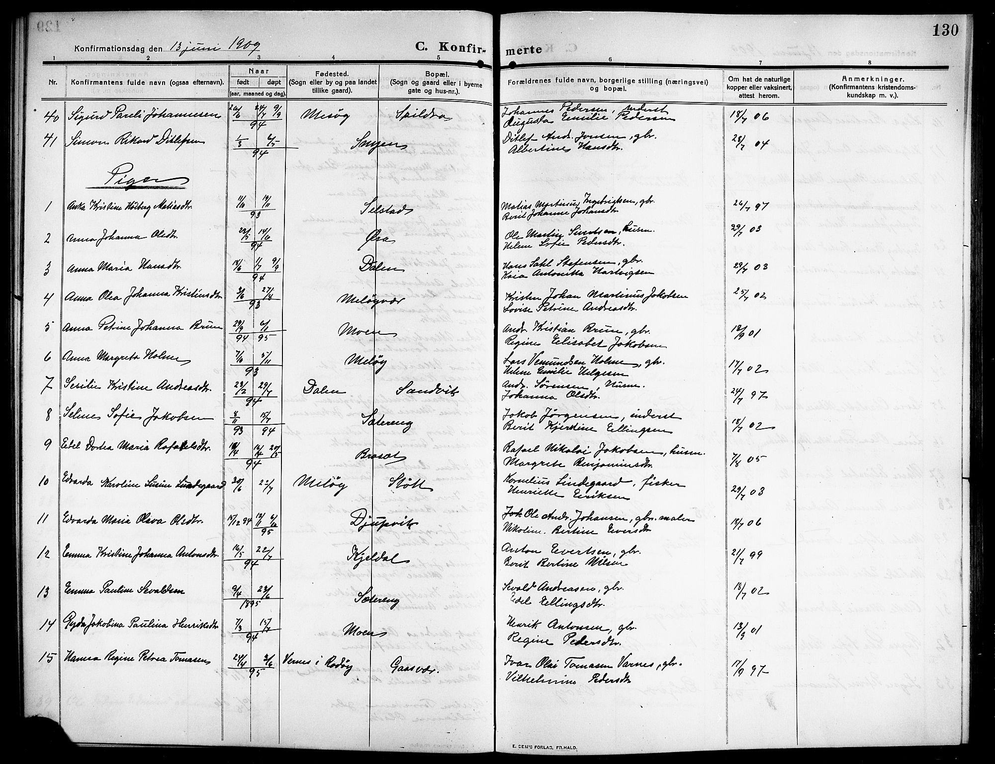 Ministerialprotokoller, klokkerbøker og fødselsregistre - Nordland, AV/SAT-A-1459/843/L0639: Parish register (copy) no. 843C08, 1908-1924, p. 130