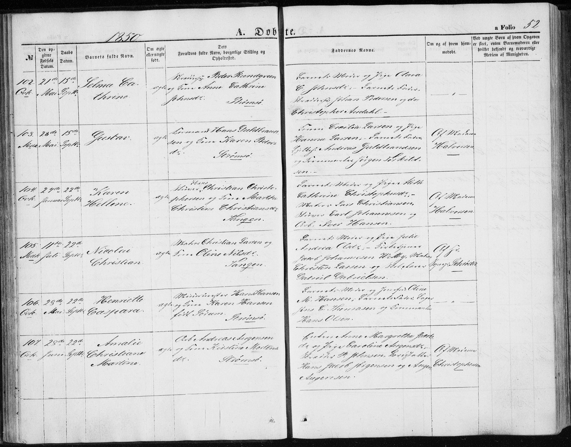 Strømsø kirkebøker, SAKO/A-246/F/Fa/L0014: Parish register (official) no. I 14, 1848-1858, p. 52