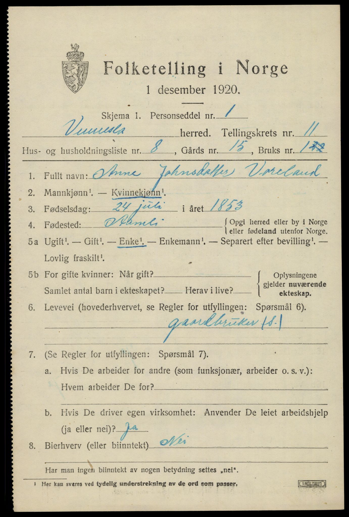 SAK, 1920 census for Vennesla, 1920, p. 7208