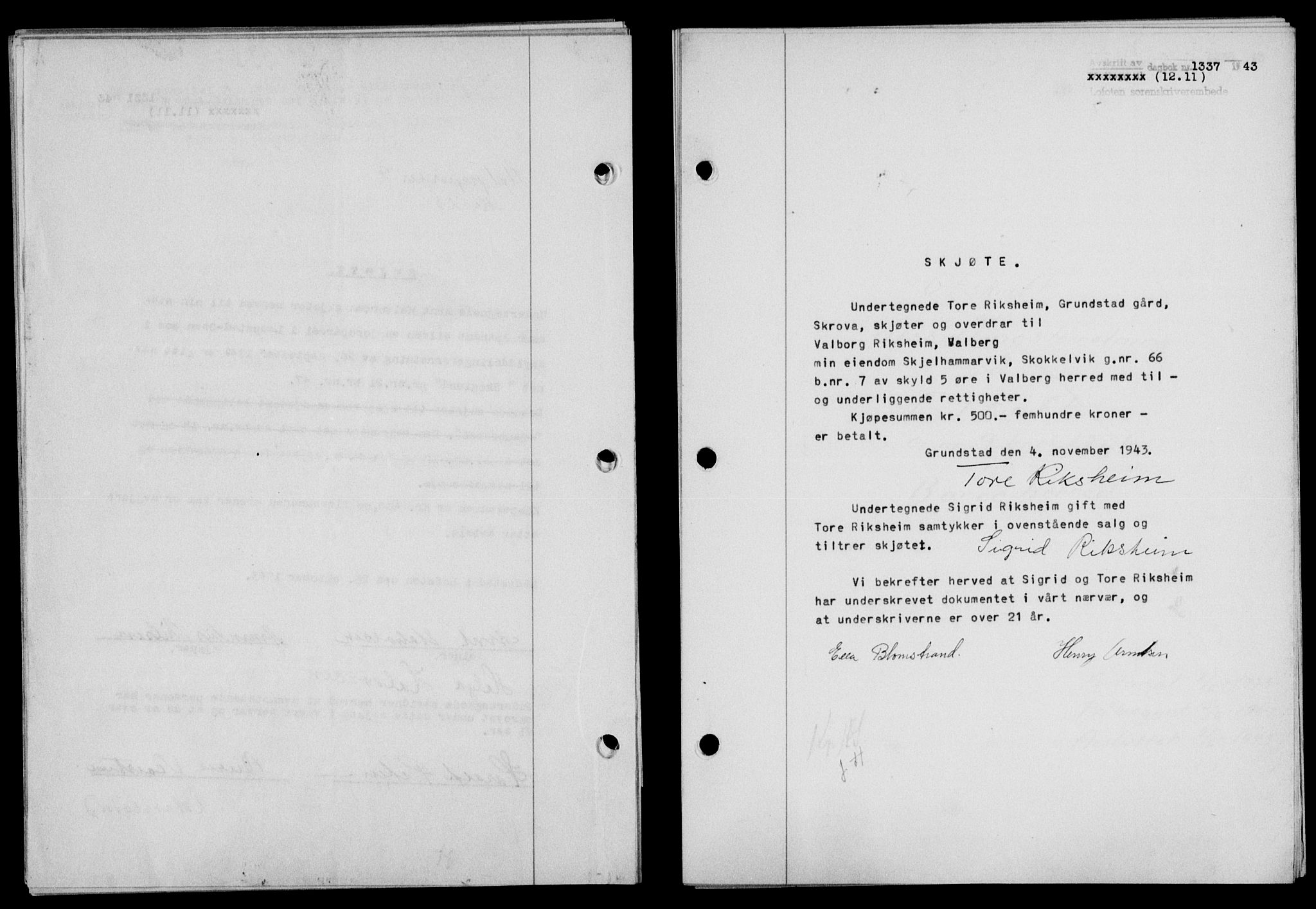 Lofoten sorenskriveri, SAT/A-0017/1/2/2C/L0011a: Mortgage book no. 11a, 1943-1943, Diary no: : 1337/1943