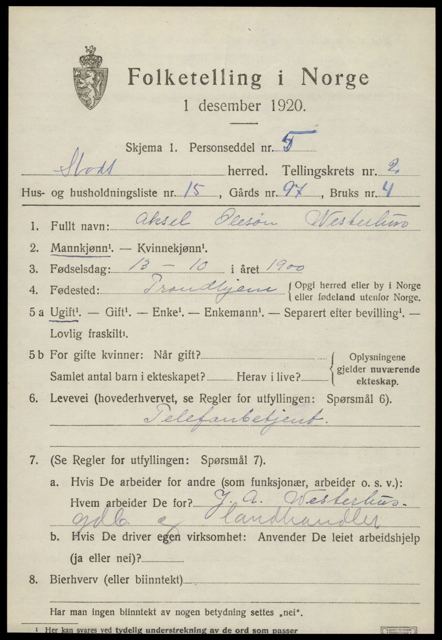 SAT, 1920 census for Stod, 1920, p. 1410