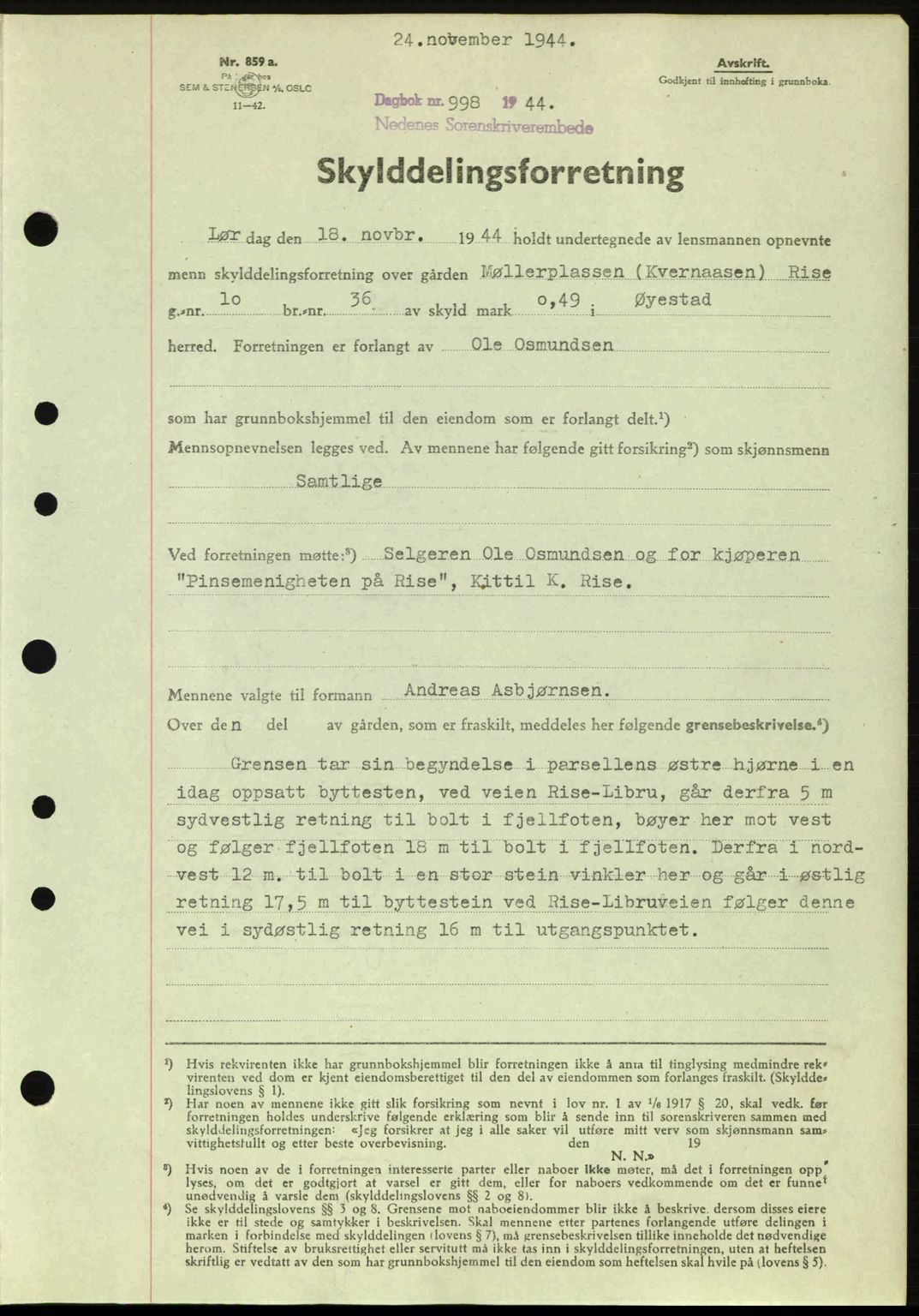 Nedenes sorenskriveri, SAK/1221-0006/G/Gb/Gba/L0052: Mortgage book no. A6a, 1944-1945, Diary no: : 998/1944
