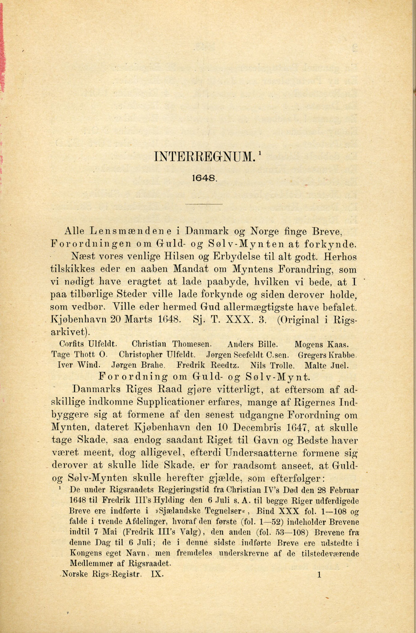 Publikasjoner utgitt av Det Norske Historiske Kildeskriftfond, PUBL/-/-/-: Norske Rigs-Registranter, bind 9, 1648-1649, p. 1