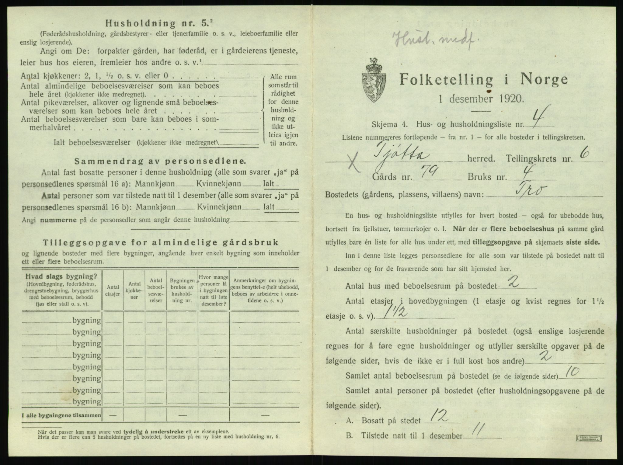 SAT, 1920 census for Tjøtta, 1920, p. 291