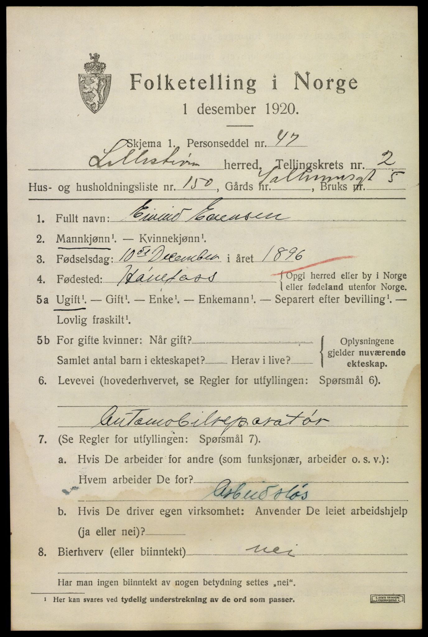 SAO, 1920 census for Lillestrøm, 1920, p. 7458