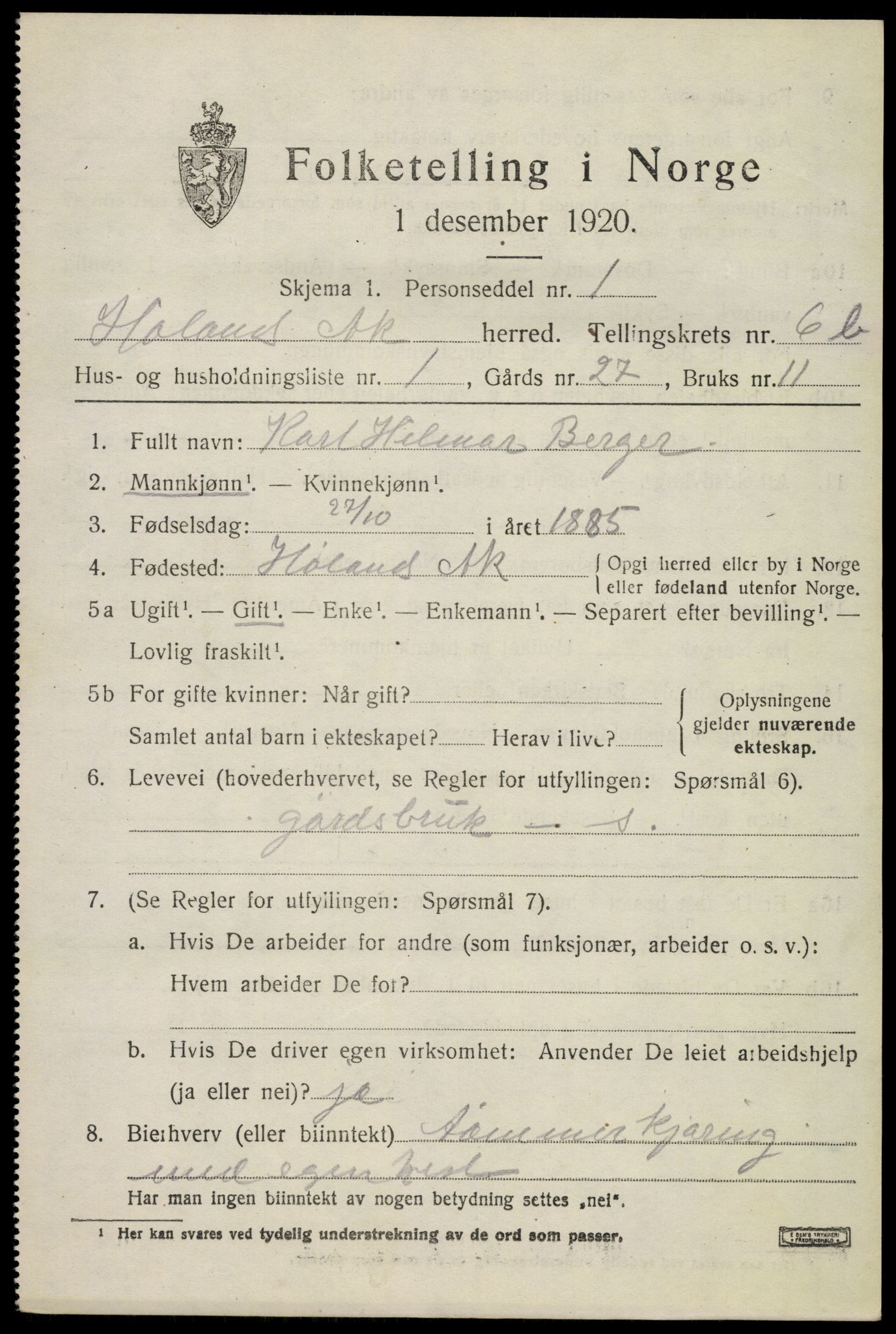 SAO, 1920 census for Høland, 1920, p. 8991