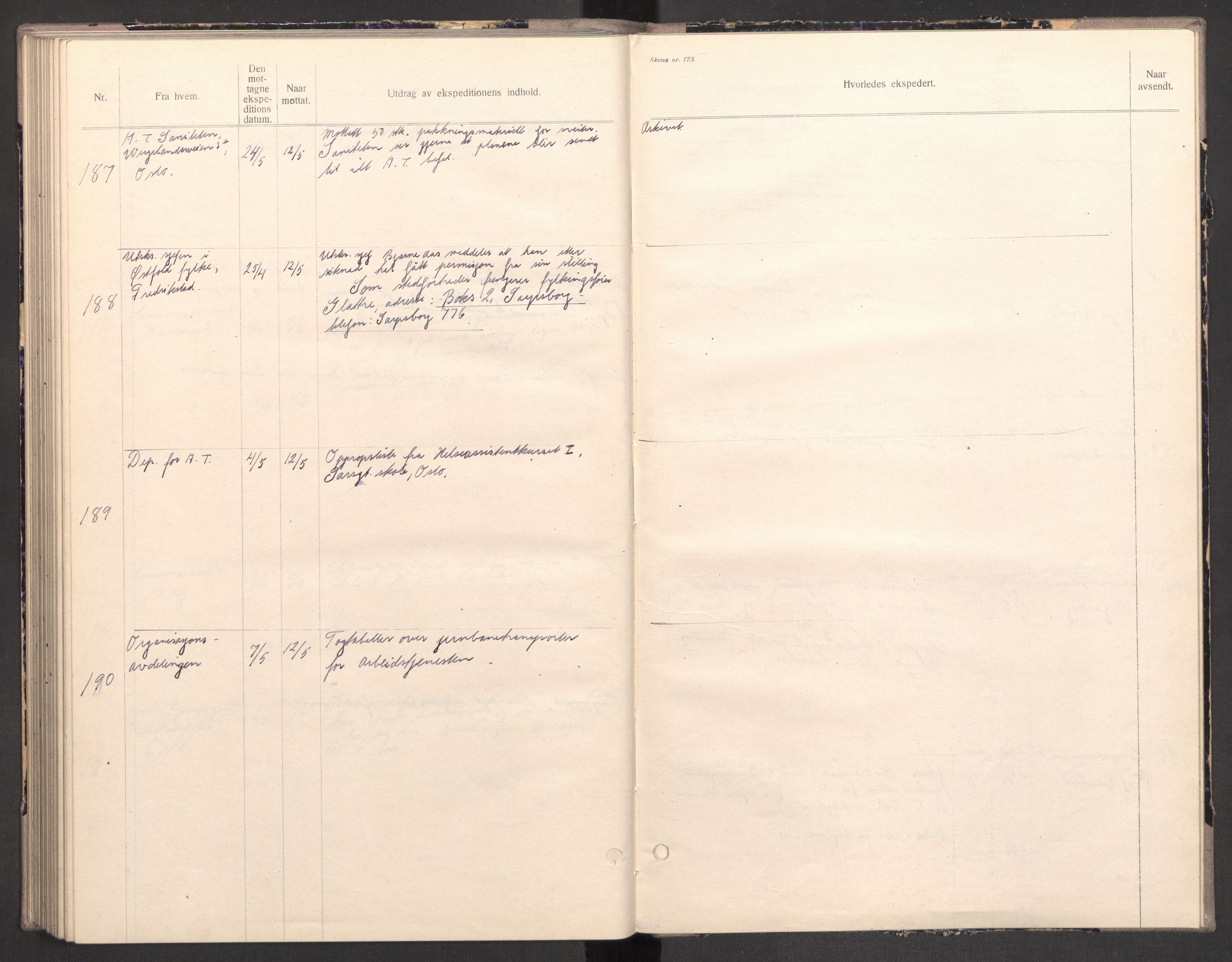 Norges arbeidstjeneste, AV/RA-S-5014/C/Ca/L0001: Journal for utskrivning Nordland og Troms, 1940-1942, p. 182