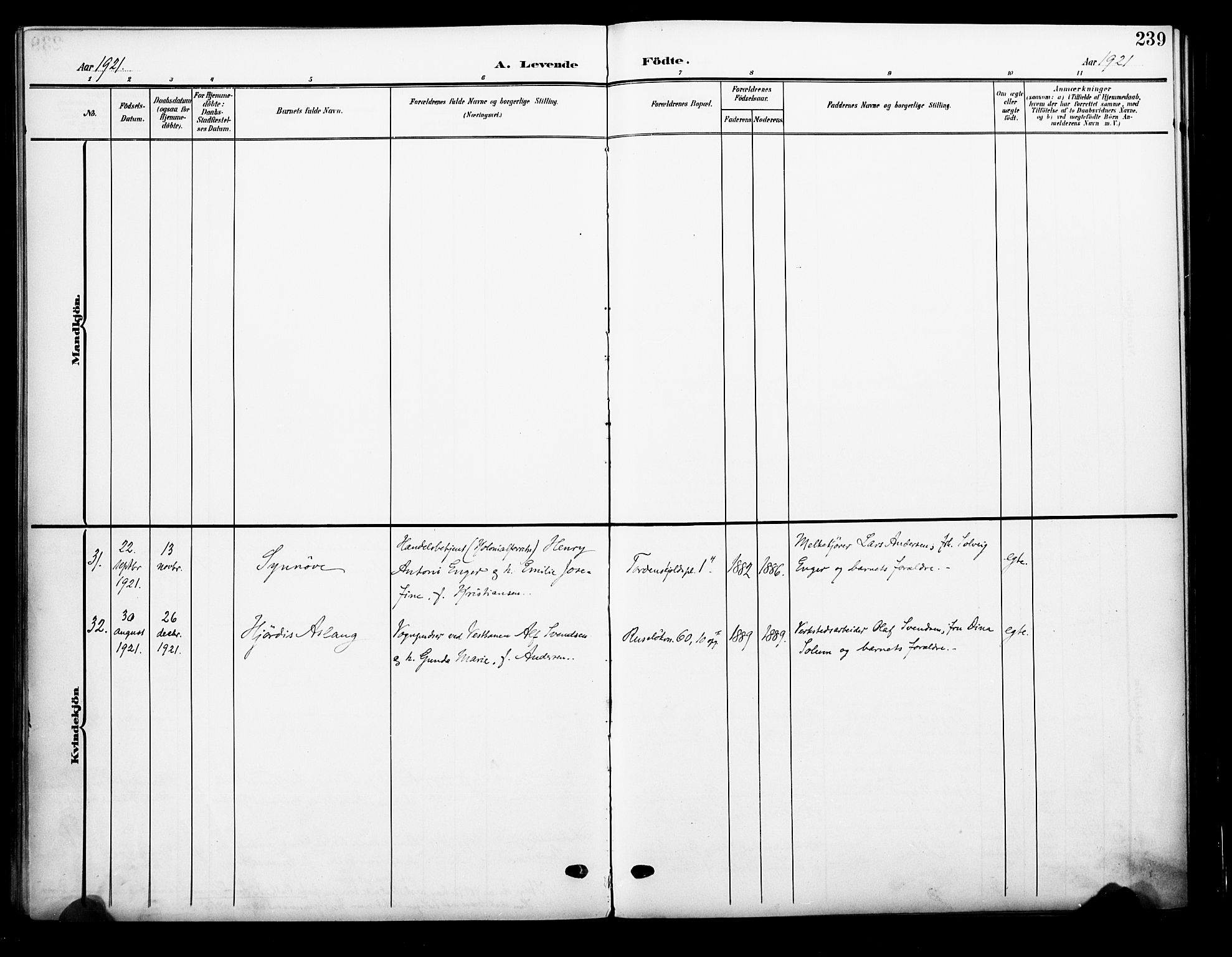 Johannes prestekontor Kirkebøker, AV/SAO-A-10852/F/Fa/L0009: Parish register (official) no. 9, 1905-1929, p. 239