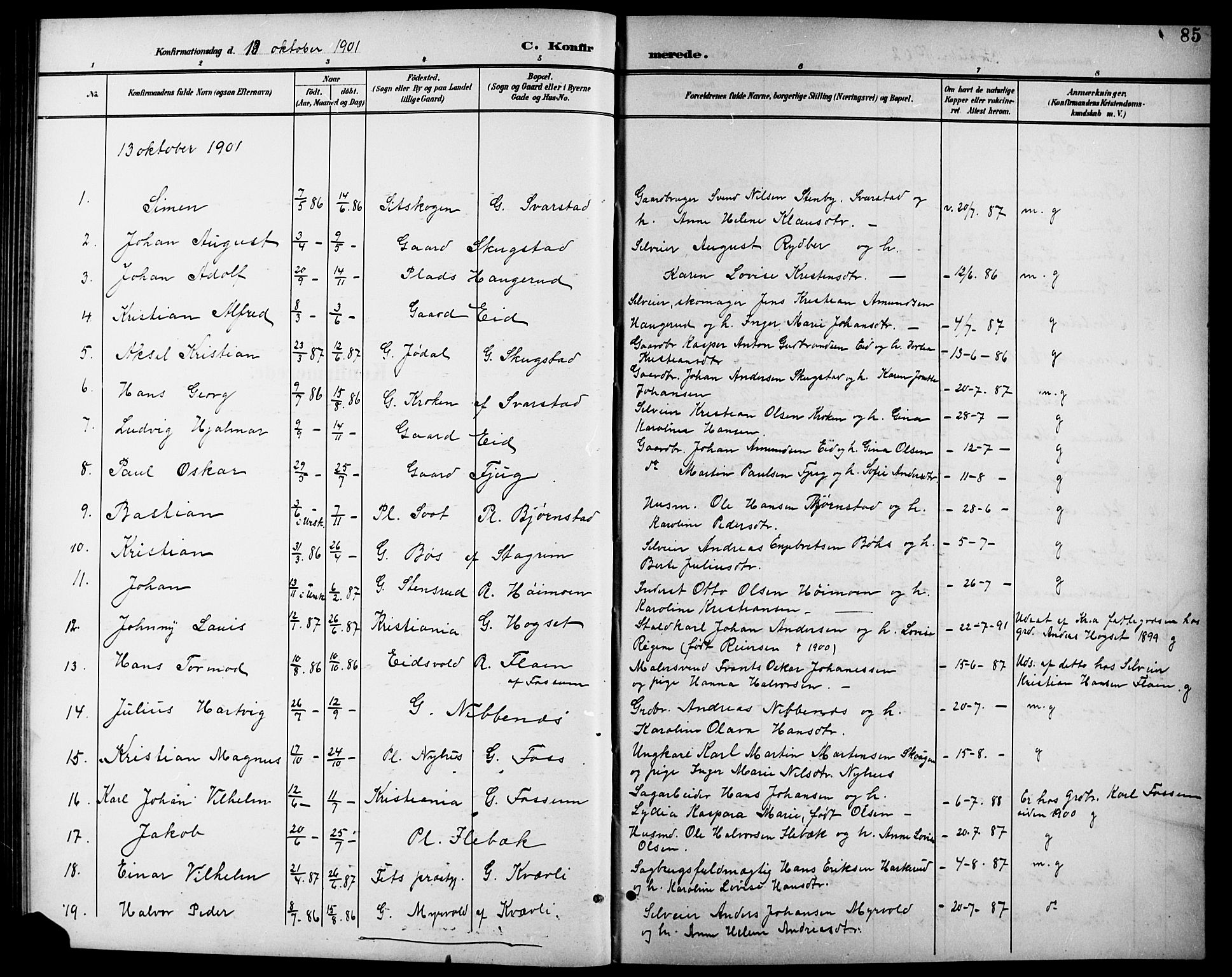 Aurskog prestekontor Kirkebøker, SAO/A-10304a/G/Gb/L0002: Parish register (copy) no. II 2, 1901-1926, p. 85