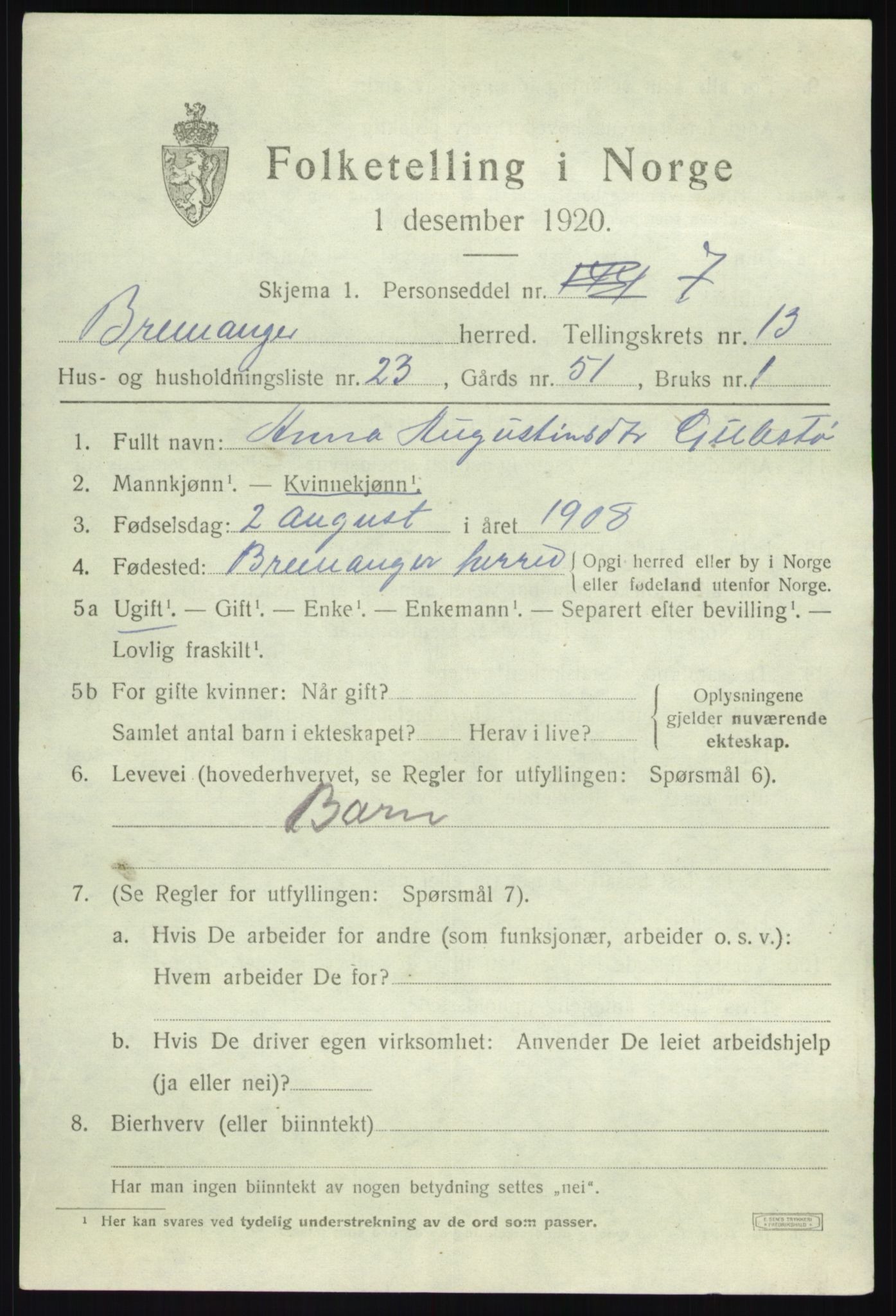 SAB, 1920 census for Bremanger, 1920, p. 7042