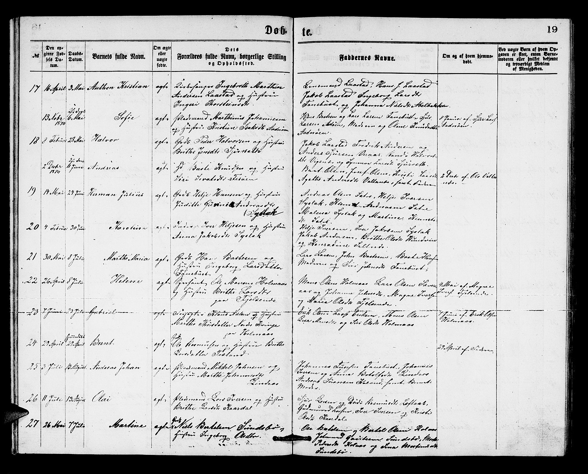 Lindås Sokneprestembete, SAB/A-76701/H/Hab: Parish register (copy) no. B 2, 1867-1885, p. 19