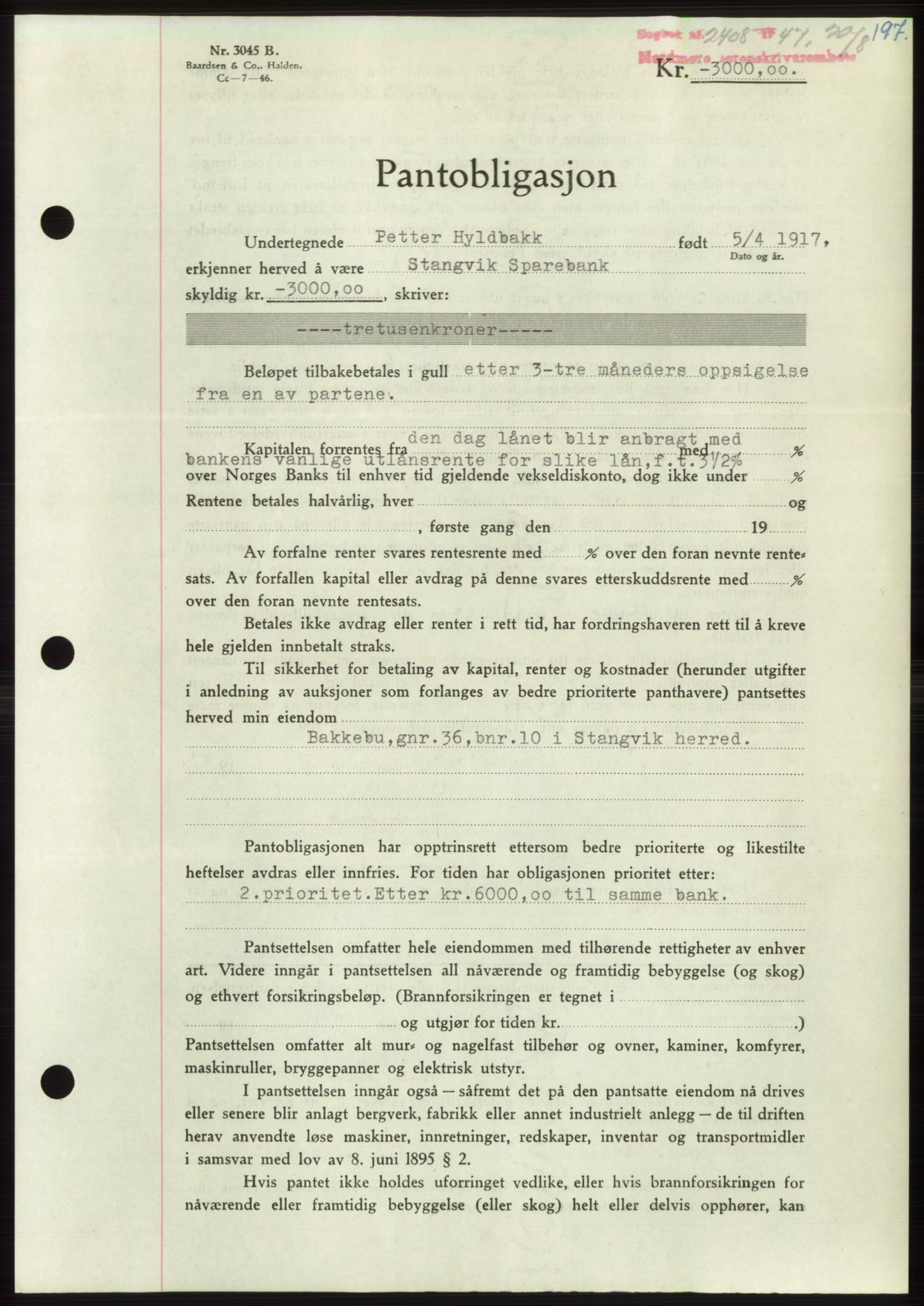 Nordmøre sorenskriveri, AV/SAT-A-4132/1/2/2Ca: Mortgage book no. B97, 1947-1948, Diary no: : 2408/1947