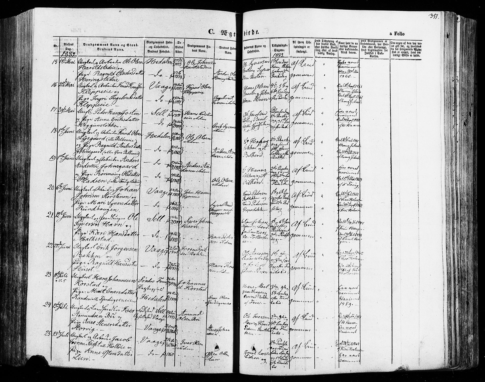 Vågå prestekontor, AV/SAH-PREST-076/H/Ha/Haa/L0007: Parish register (official) no. 7 /1, 1872-1886, p. 351