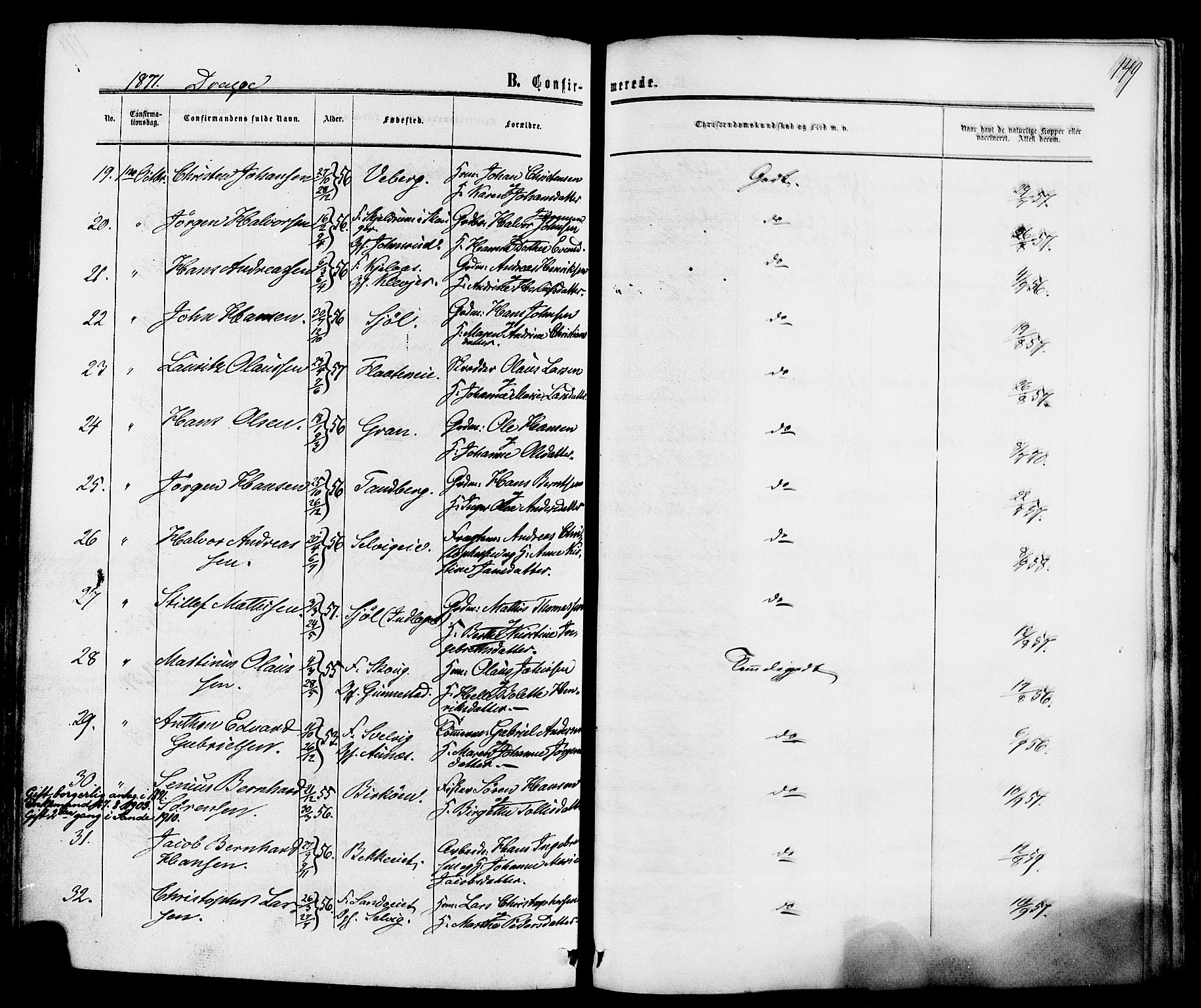 Sande Kirkebøker, AV/SAKO-A-53/F/Fa/L0005: Parish register (official) no. 5, 1865-1877, p. 149