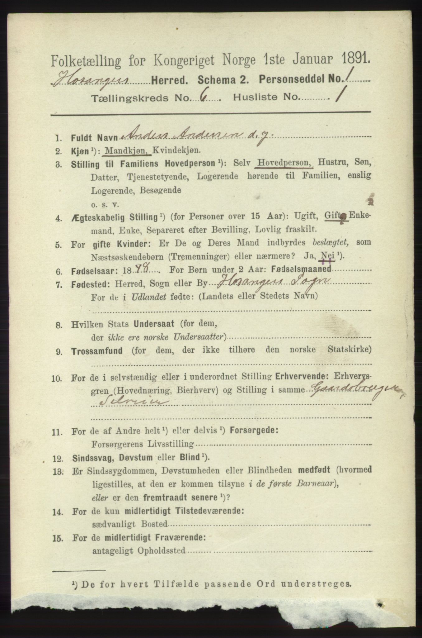 RA, 1891 census for 1253 Hosanger, 1891, p. 2138