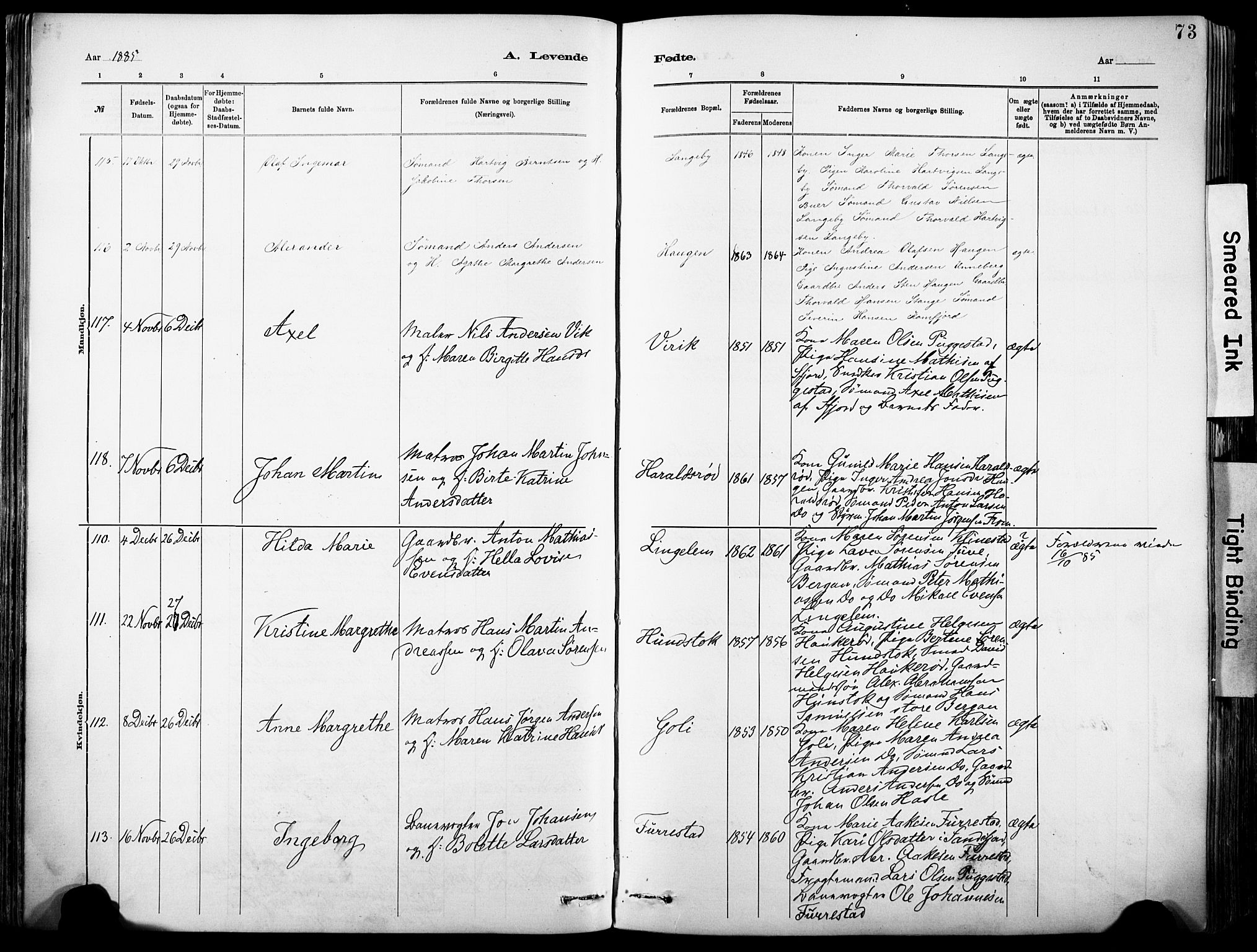 Sandar kirkebøker, SAKO/A-243/F/Fa/L0012: Parish register (official) no. 12, 1883-1895, p. 73