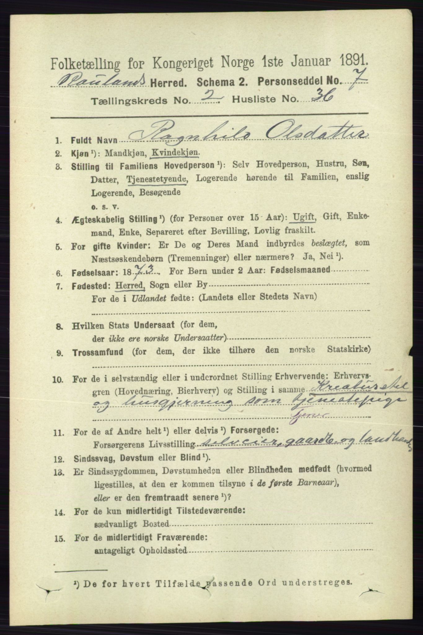 RA, 1891 census for 0835 Rauland, 1891, p. 488