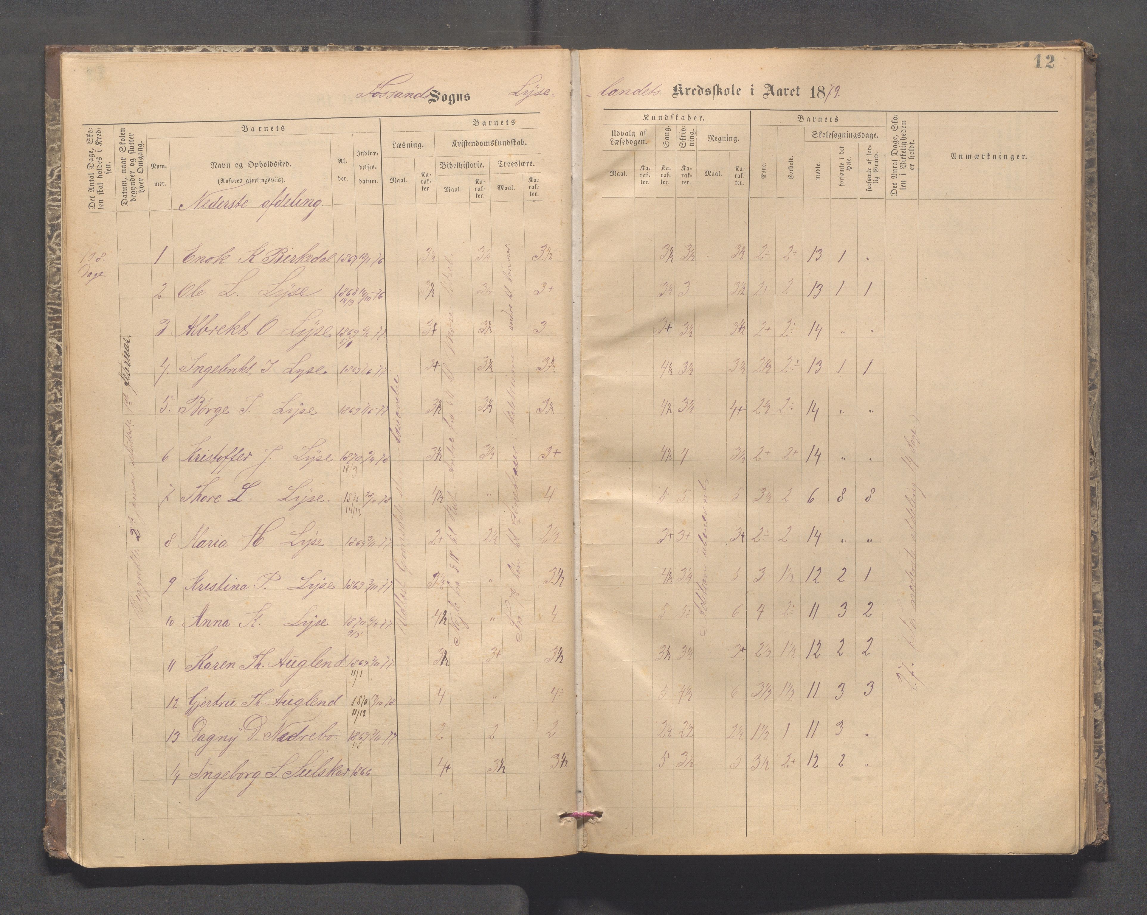 Forsand kommune - Lyse skole, IKAR/K-101613/H/L0001: Skoleprotokoll - Lyselandet, Indre Lysefjords enslige gårder, Kalleli omgangsskole, Songesand, Eiane, 1877-1894, p. 12