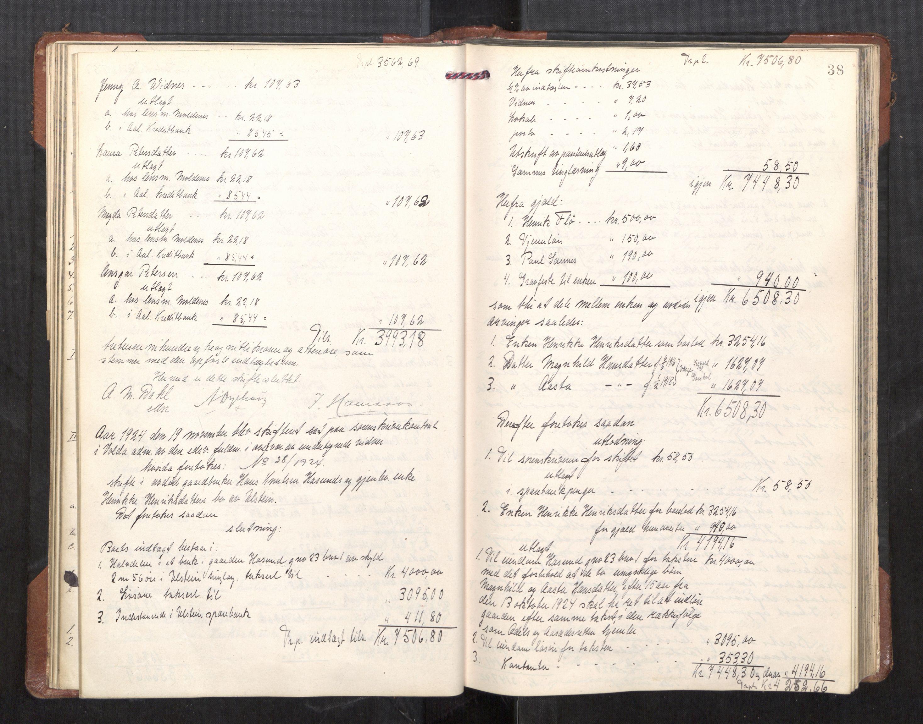 Søre Sunnmøre sorenskriveri, AV/SAT-A-4122/1/3/3A/L0025: Skifte- / Skifteutloddings- / Skifteslutningsprotokollar, 1924-1927, p. 37b-38a
