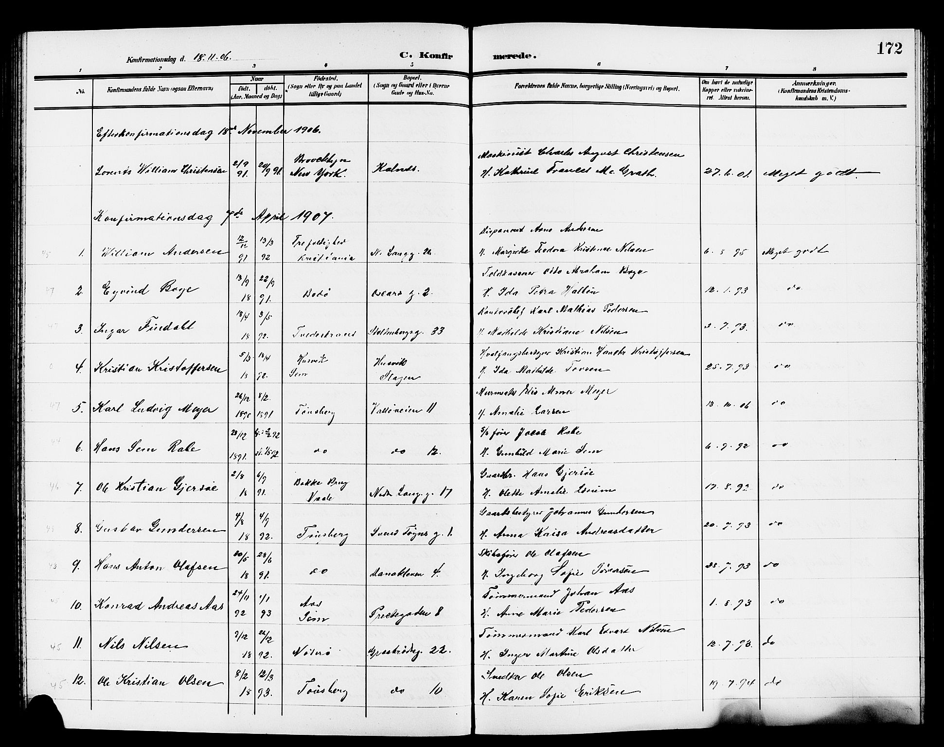 Tønsberg kirkebøker, AV/SAKO-A-330/G/Ga/L0008: Parish register (copy) no. 8, 1905-1912, p. 172