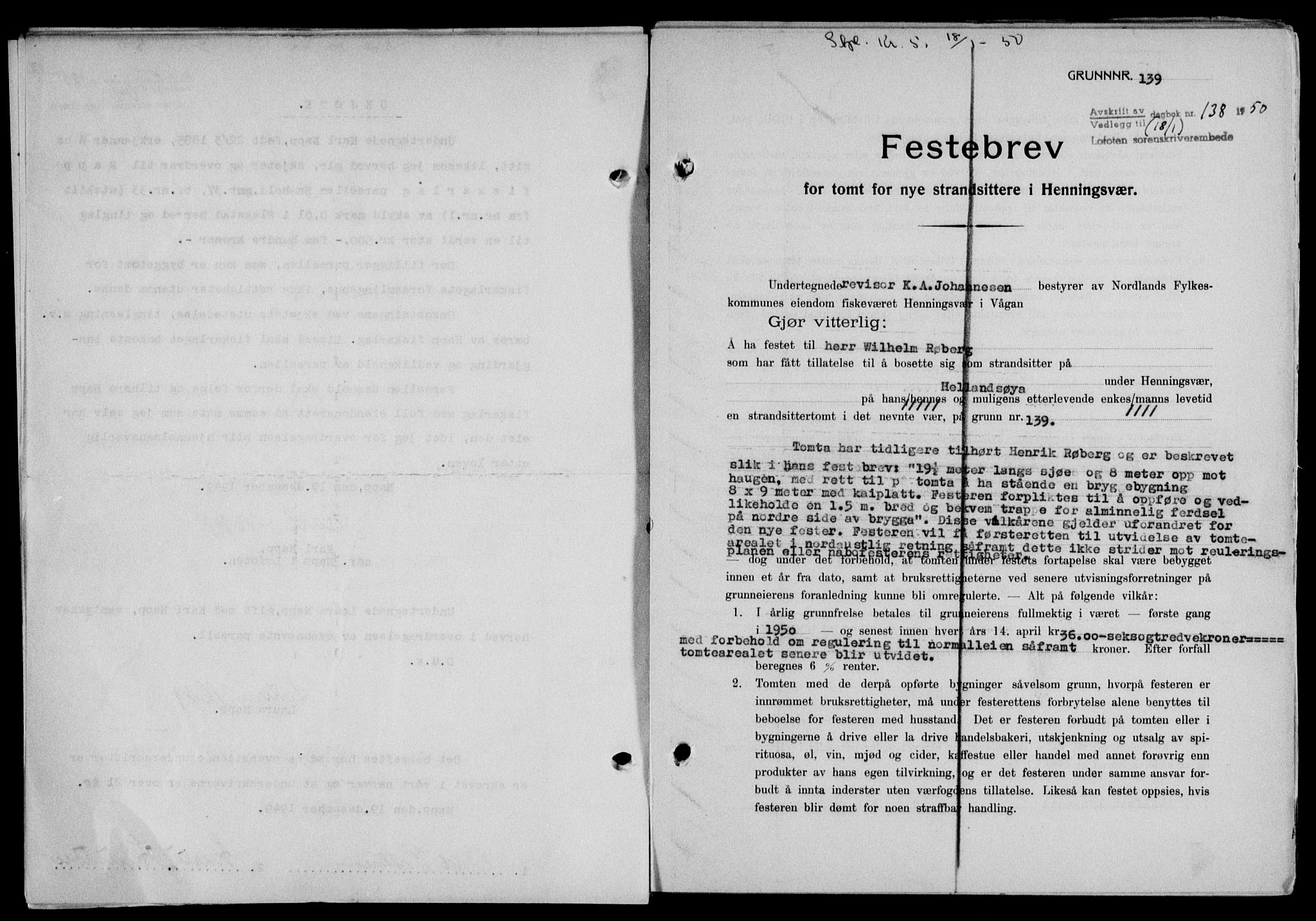Lofoten sorenskriveri, SAT/A-0017/1/2/2C/L0022a: Mortgage book no. 22a, 1949-1950, Diary no: : 138/1950