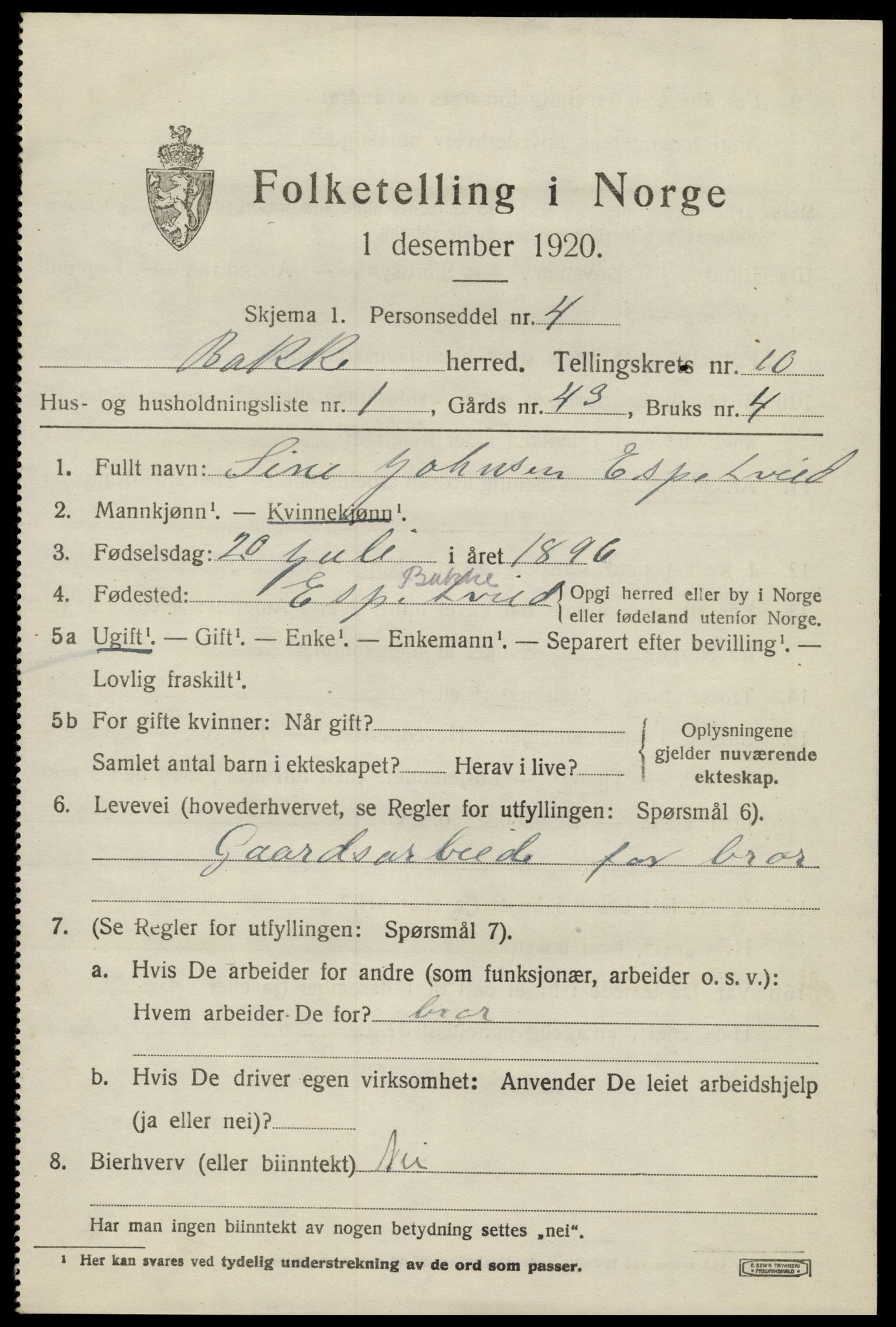 SAK, 1920 census for Bakke, 1920, p. 2572