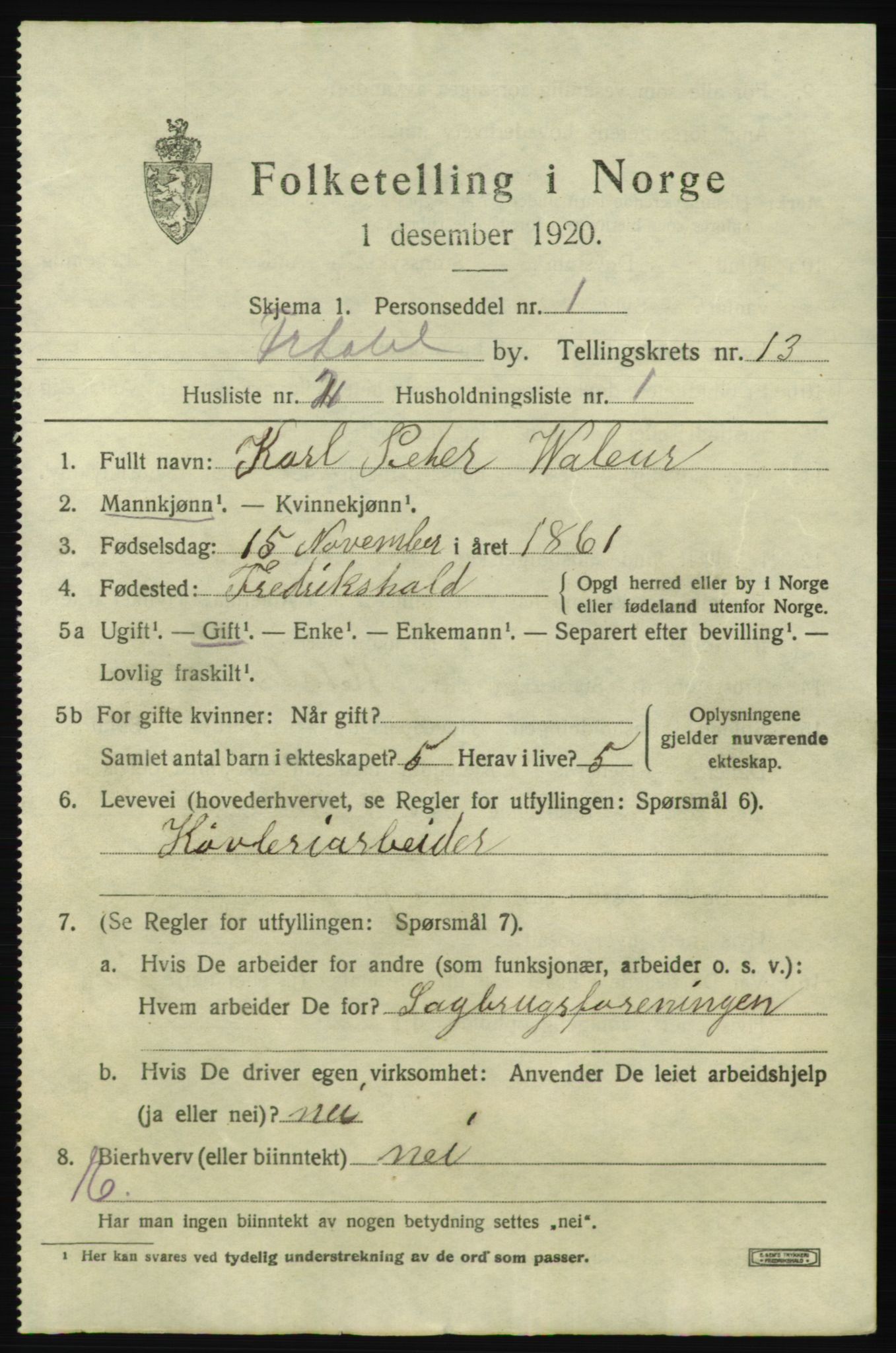 SAO, 1920 census for Fredrikshald, 1920, p. 20667