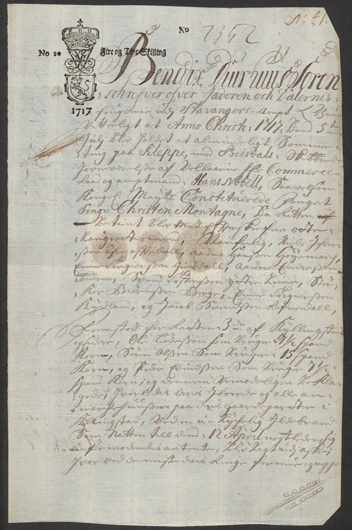 Rentekammeret inntil 1814, Reviderte regnskaper, Fogderegnskap, AV/RA-EA-4092/R46/L2742: Fogderegnskap Jæren og Dalane, 1717, p. 187