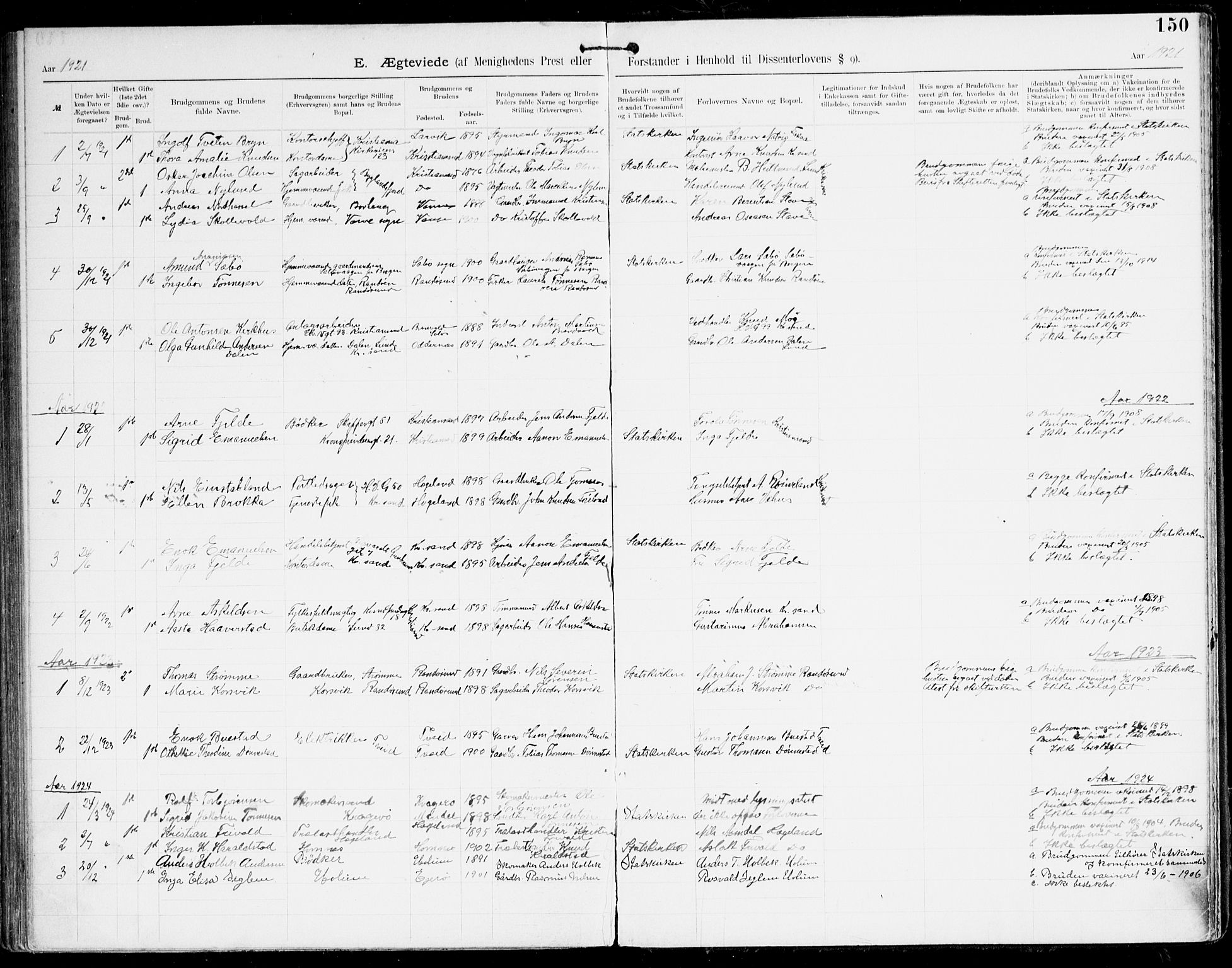 Den evangelisk-lutherske frikirke, Kristiansand, SAK/1292-0017/F/Fa/L0003: Dissenter register no. F 11, 1892-1925, p. 150