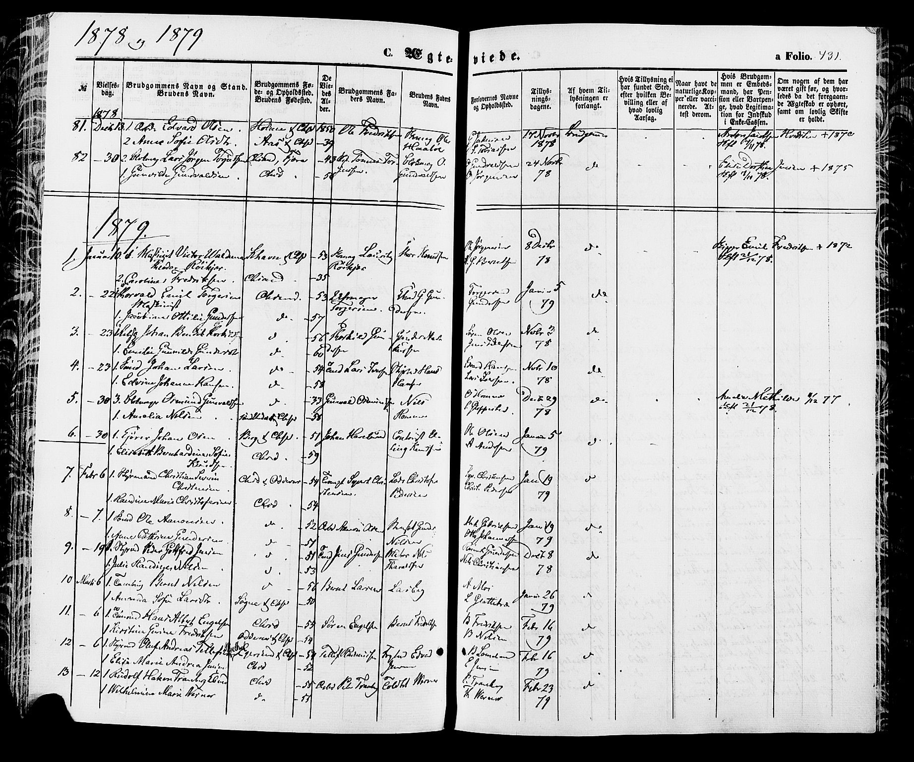 Kristiansand domprosti, SAK/1112-0006/F/Fa/L0015: Parish register (official) no. A 15, 1867-1880, p. 431