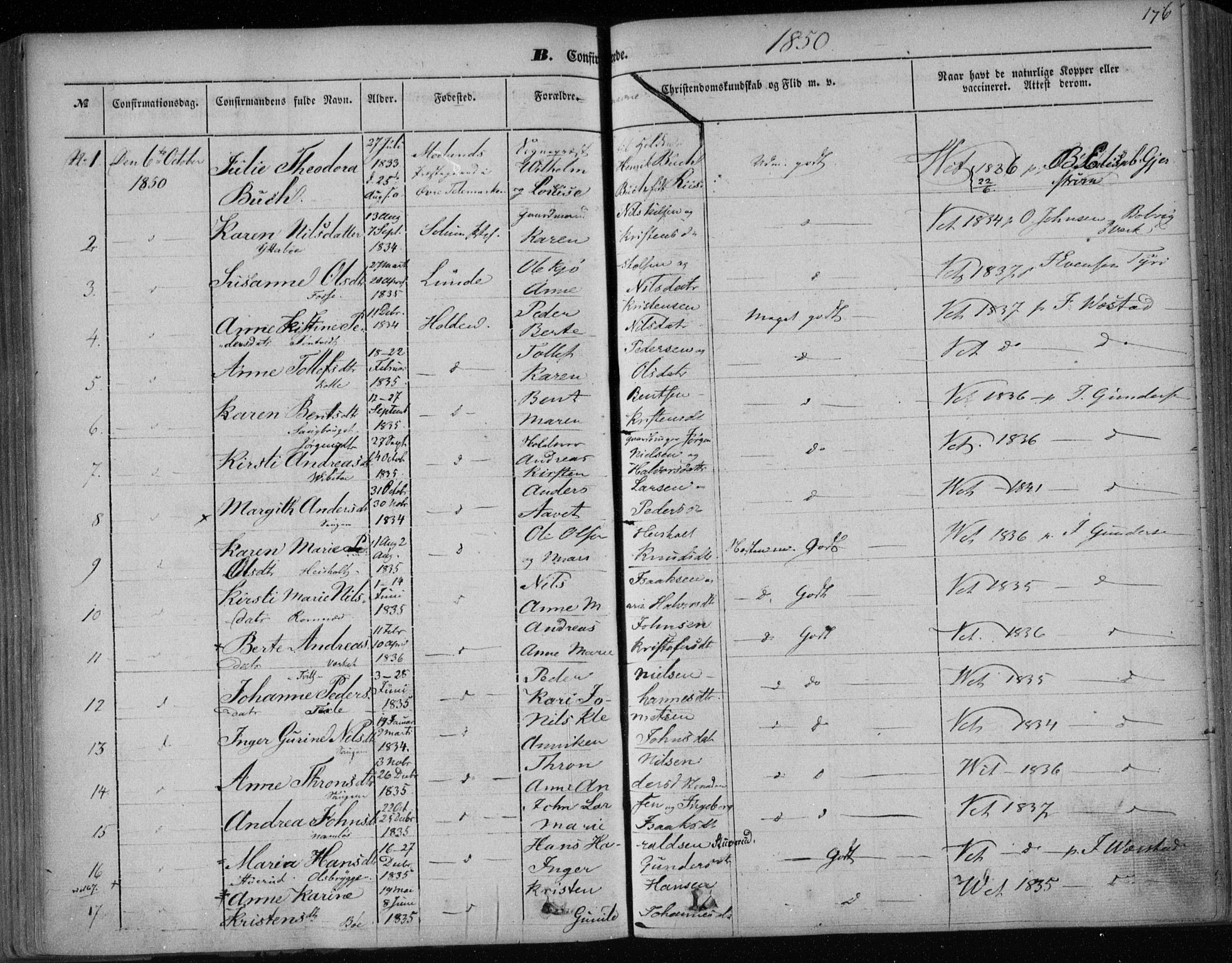 Holla kirkebøker, AV/SAKO-A-272/F/Fa/L0005: Parish register (official) no. 5, 1849-1860, p. 176