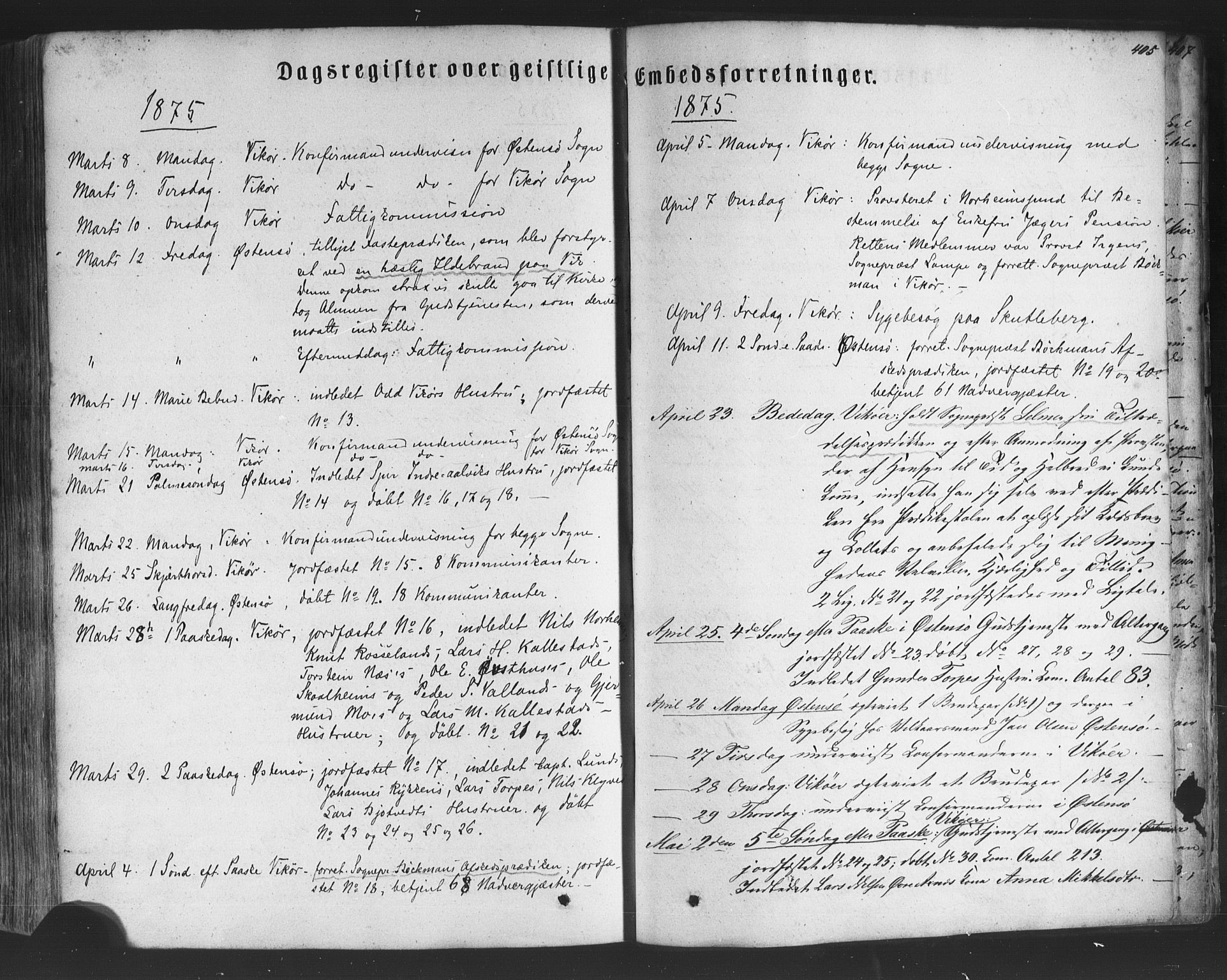 Kvam sokneprestembete, SAB/A-76201/H/Haa: Parish register (official) no. A 9, 1864-1879, p. 405