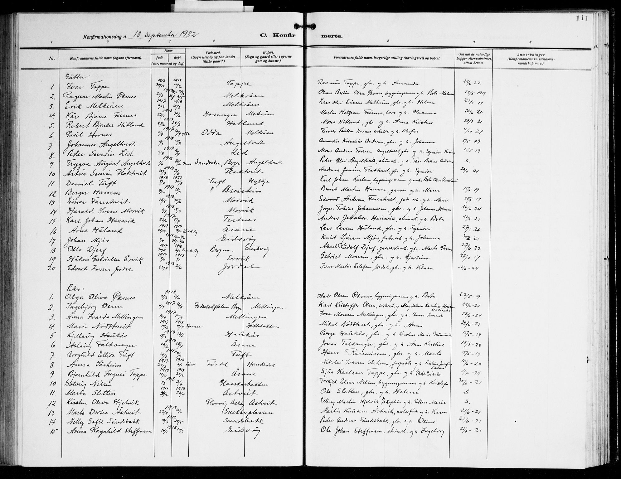 Åsane sokneprestembete, SAB/A-79401/H/Hab: Parish register (copy) no. A 5, 1928-1943, p. 111