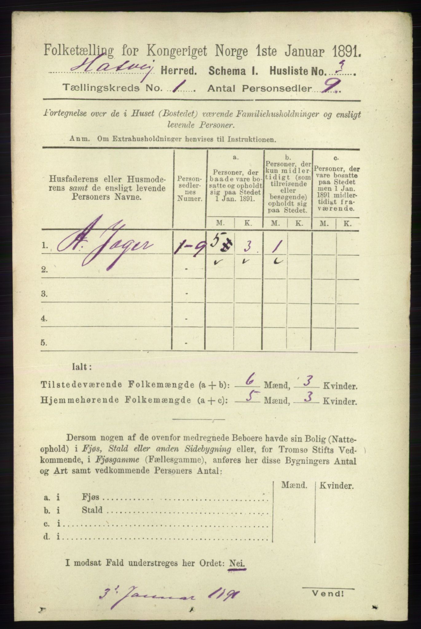 RA, 1891 census for 2015 Hasvik, 1891, p. 23