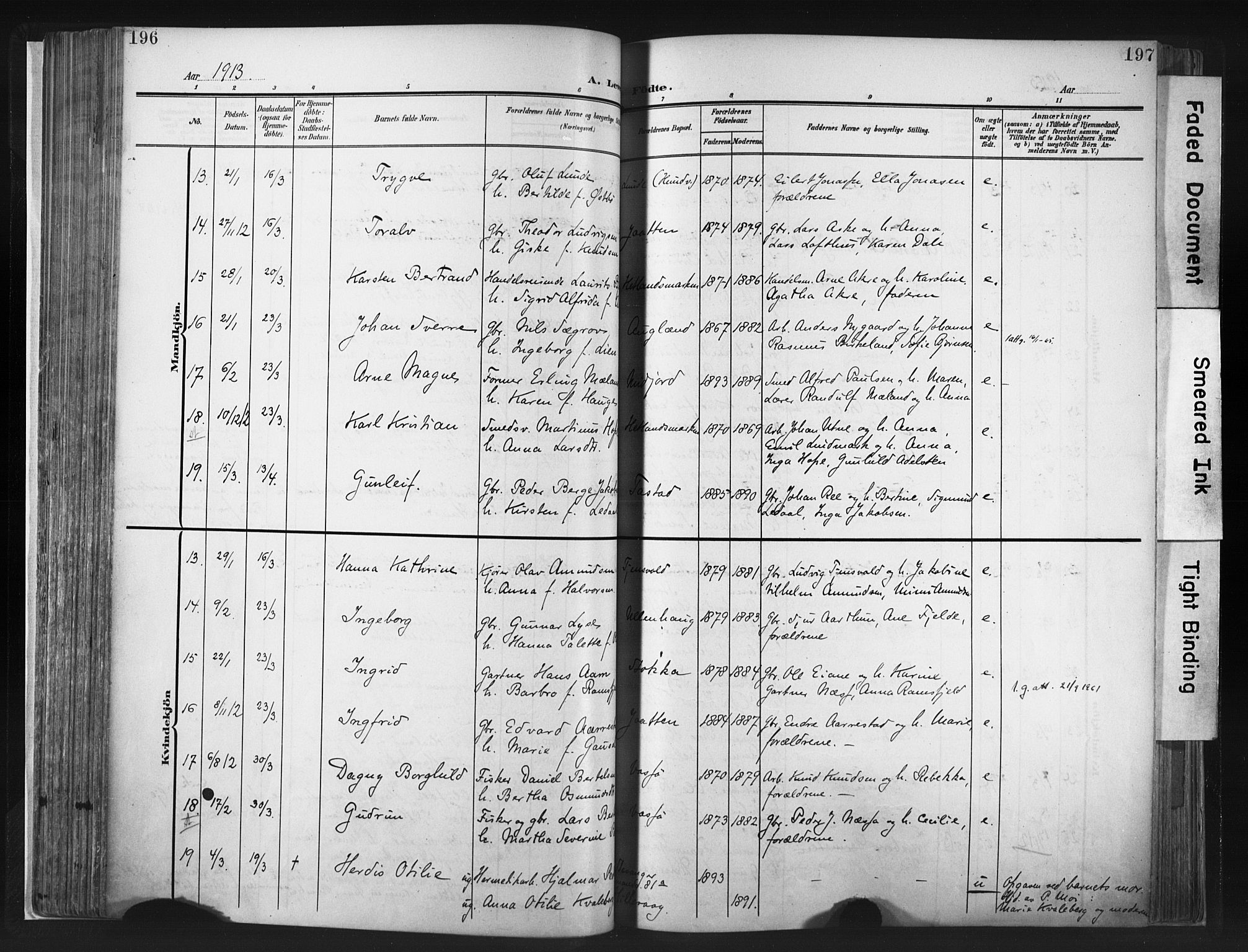 Hetland sokneprestkontor, AV/SAST-A-101826/30/30BA/L0013: Parish register (official) no. A 13, 1904-1918, p. 196-197