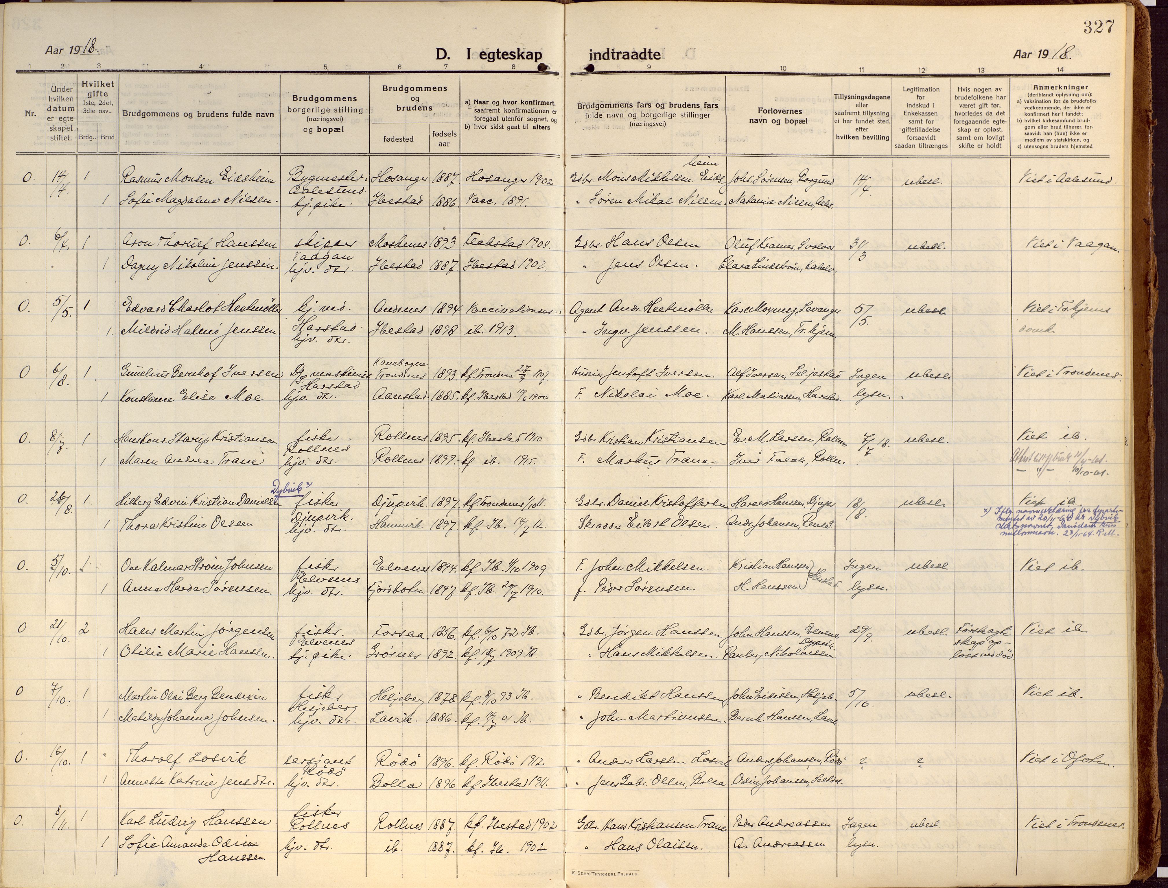 Ibestad sokneprestembete, SATØ/S-0077/H/Ha/Haa/L0018kirke: Parish register (official) no. 18, 1915-1929, p. 327