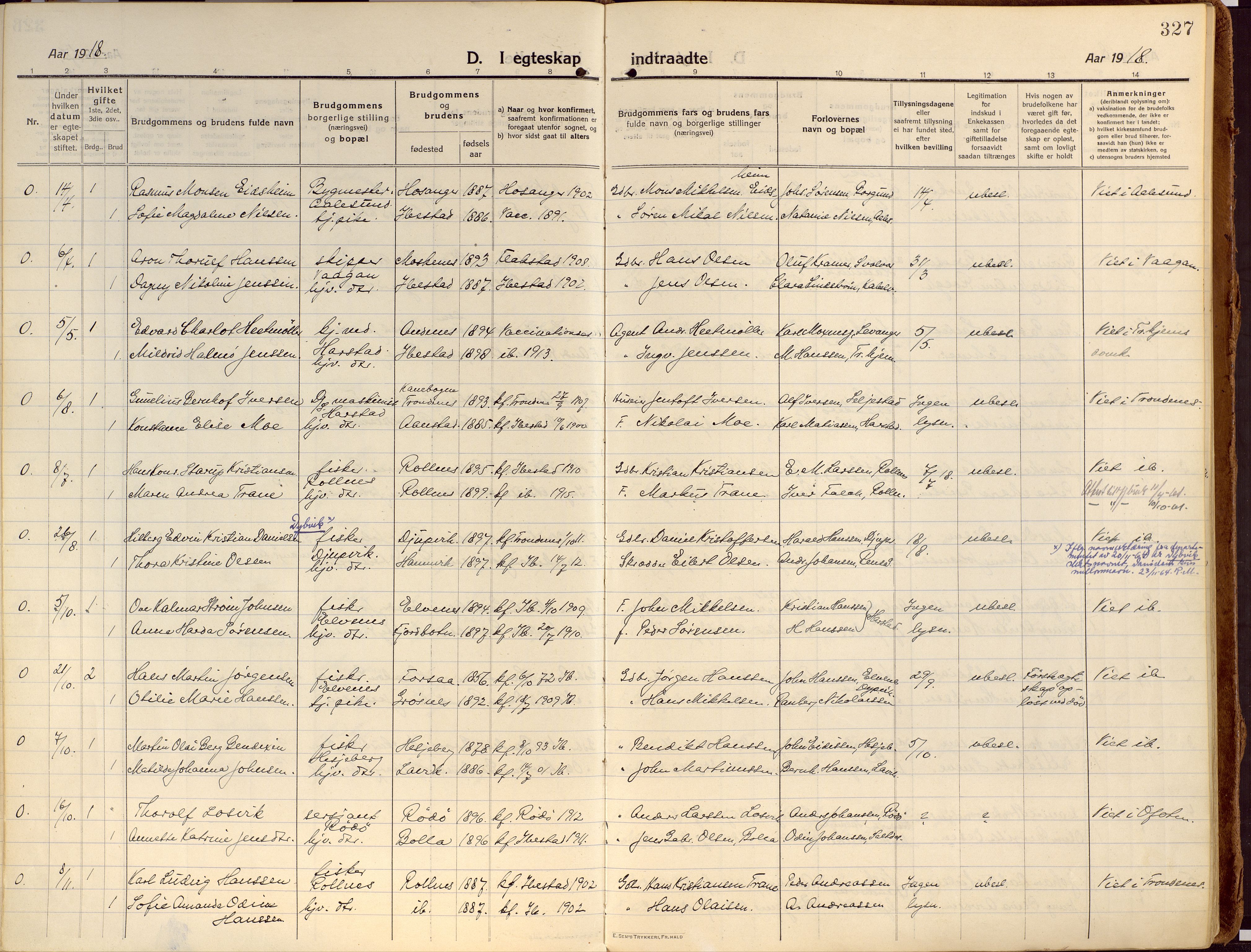 Ibestad sokneprestembete, AV/SATØ-S-0077/H/Ha/Haa/L0018kirke: Parish register (official) no. 18, 1915-1929, p. 327