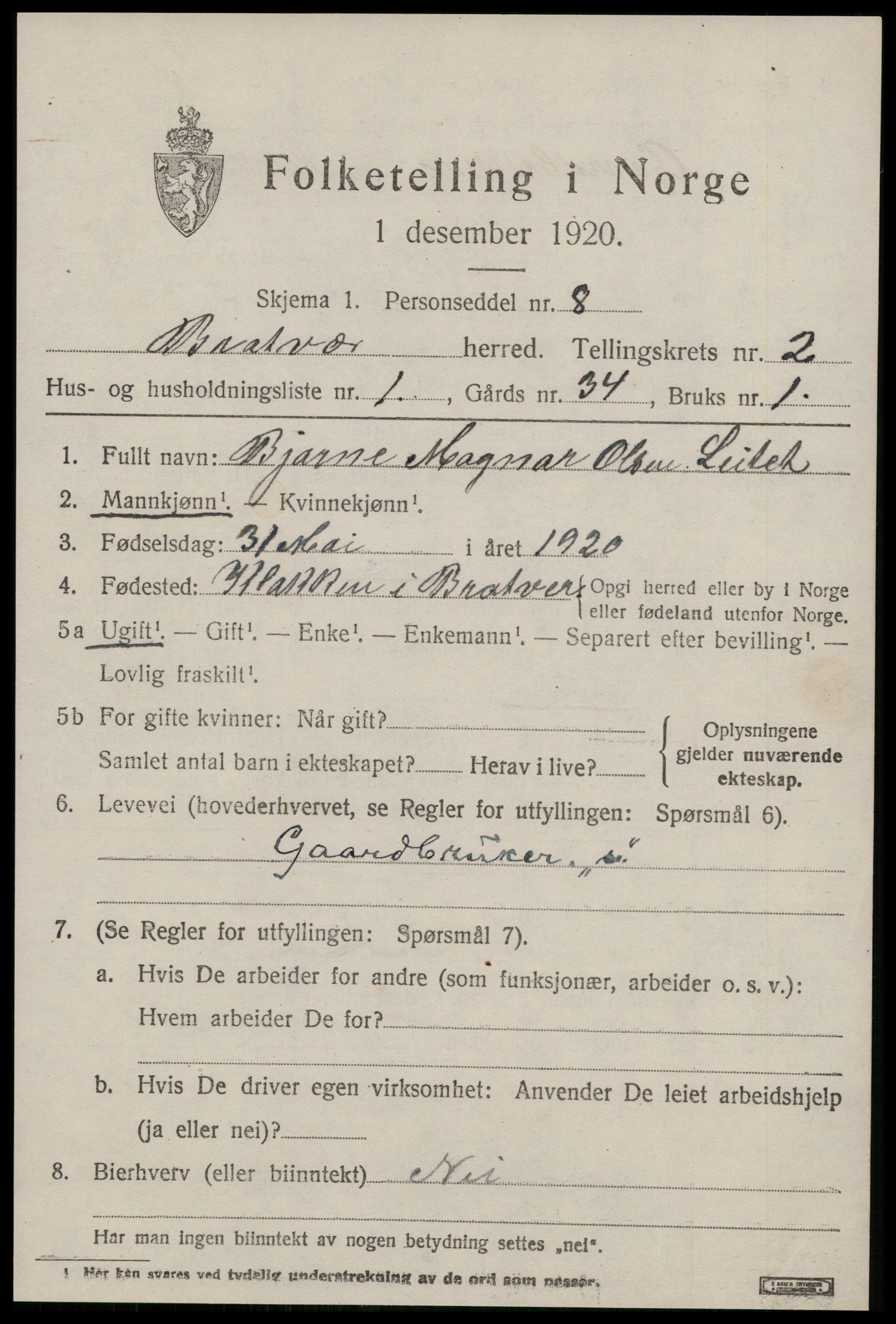 SAT, 1920 census for Brattvær, 1920, p. 798