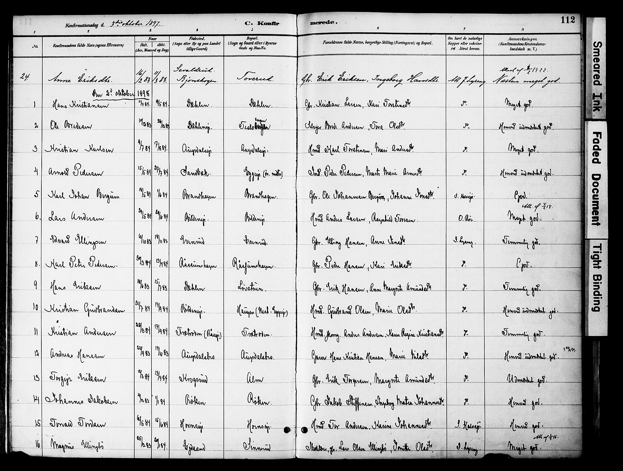 Gran prestekontor, SAH/PREST-112/H/Ha/Haa/L0020: Parish register (official) no. 20, 1889-1899, p. 112