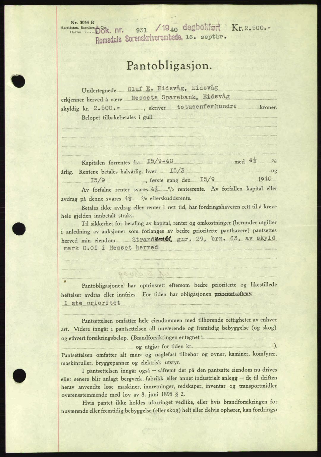 Romsdal sorenskriveri, AV/SAT-A-4149/1/2/2C: Mortgage book no. B2, 1939-1945, Diary no: : 931/1940