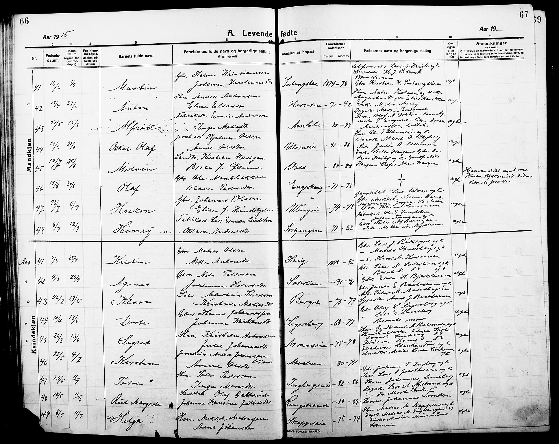 Ringsaker prestekontor, AV/SAH-PREST-014/L/La/L0018: Parish register (copy) no. 18, 1913-1922, p. 66-67