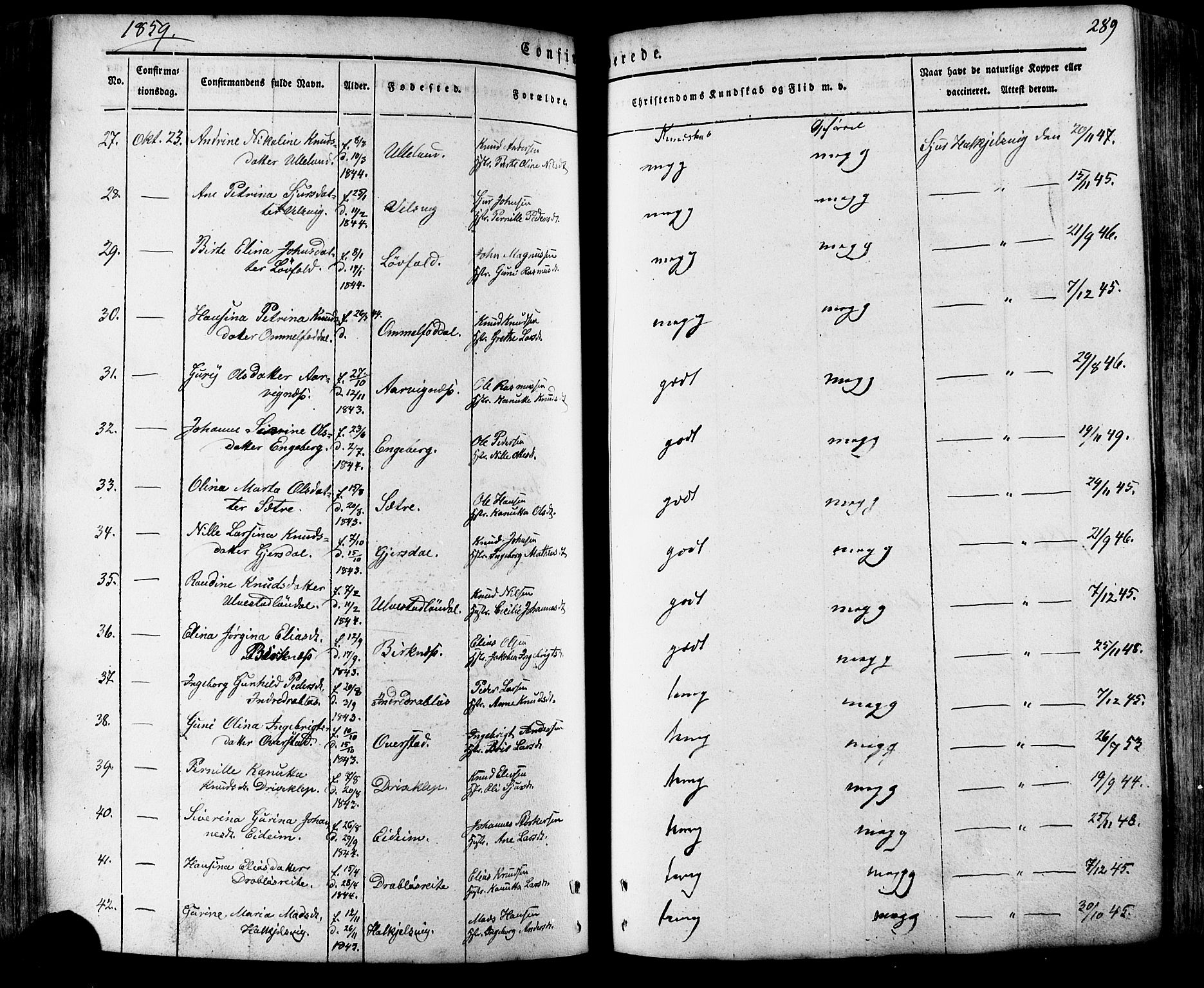 Ministerialprotokoller, klokkerbøker og fødselsregistre - Møre og Romsdal, SAT/A-1454/511/L0140: Parish register (official) no. 511A07, 1851-1878, p. 289