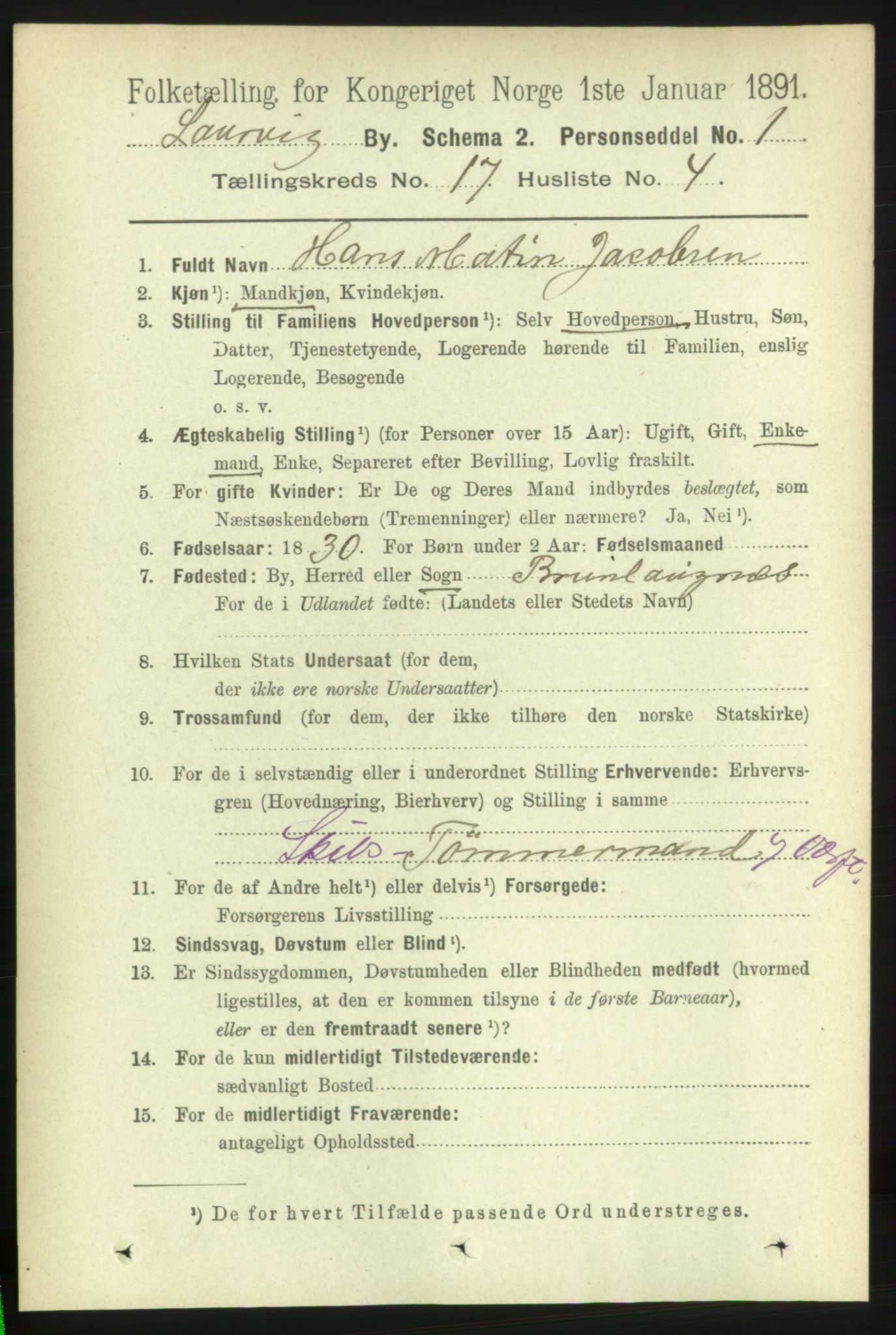 RA, 1891 census for 0707 Larvik, 1891, p. 12354