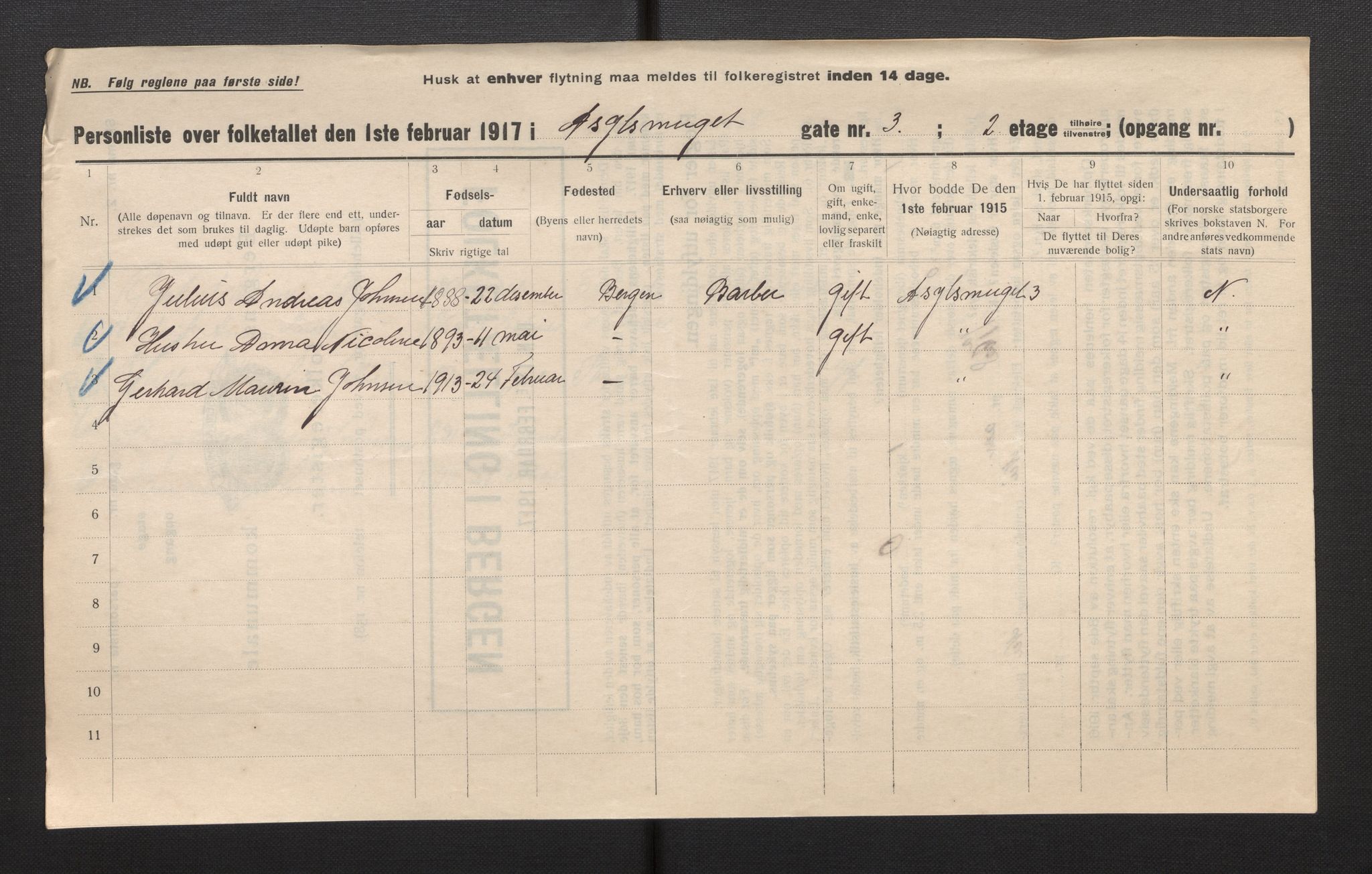 SAB, Municipal Census 1917 for Bergen, 1917, p. 1425