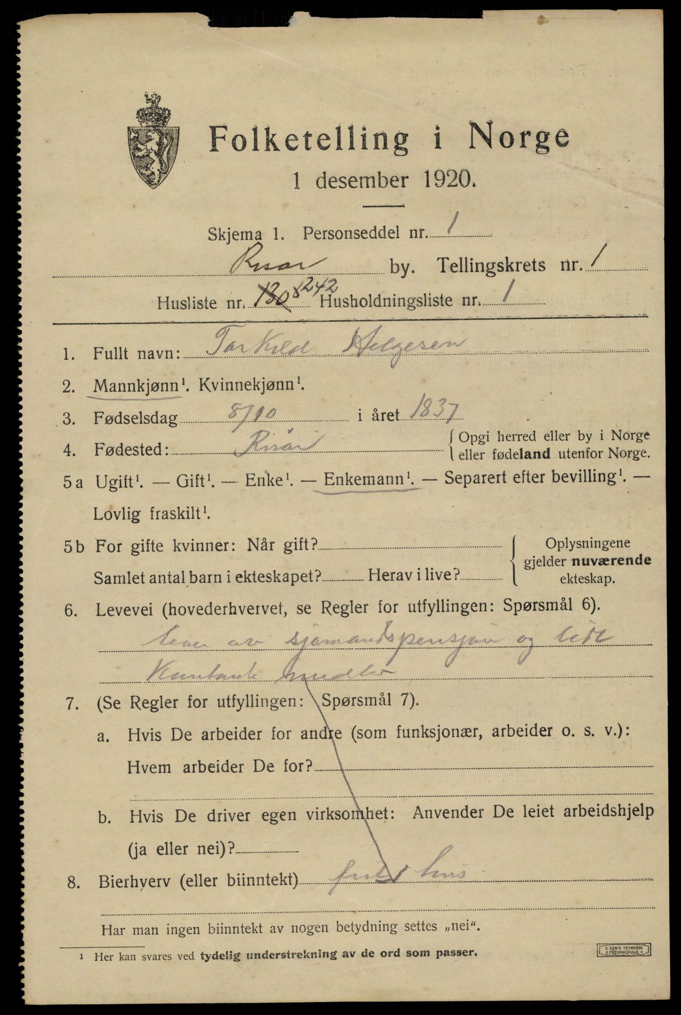 SAK, 1920 census for Risør, 1920, p. 5495