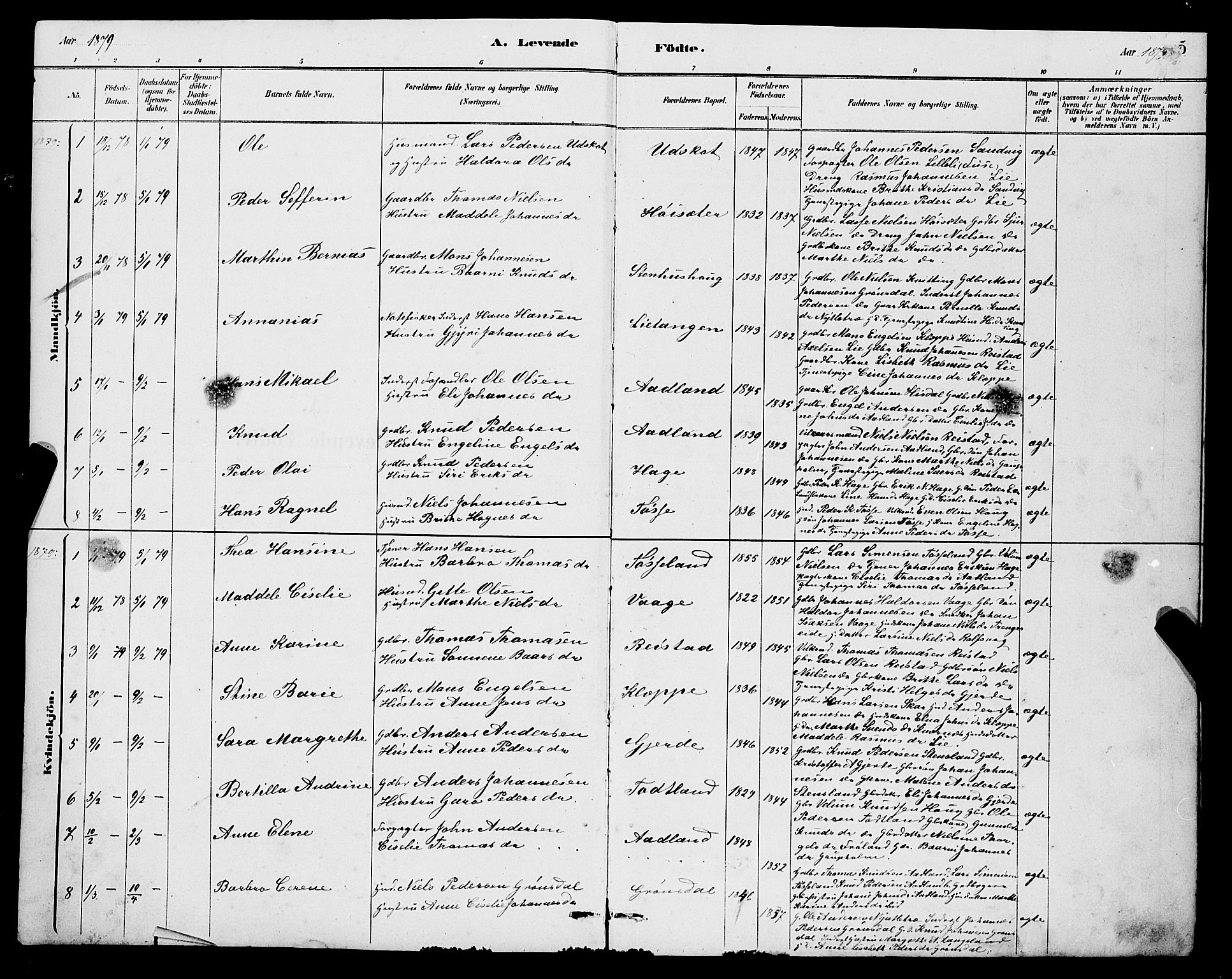 Samnanger Sokneprestembete, SAB/A-77501/H/Hab: Parish register (copy) no. A 2, 1879-1897, p. 5