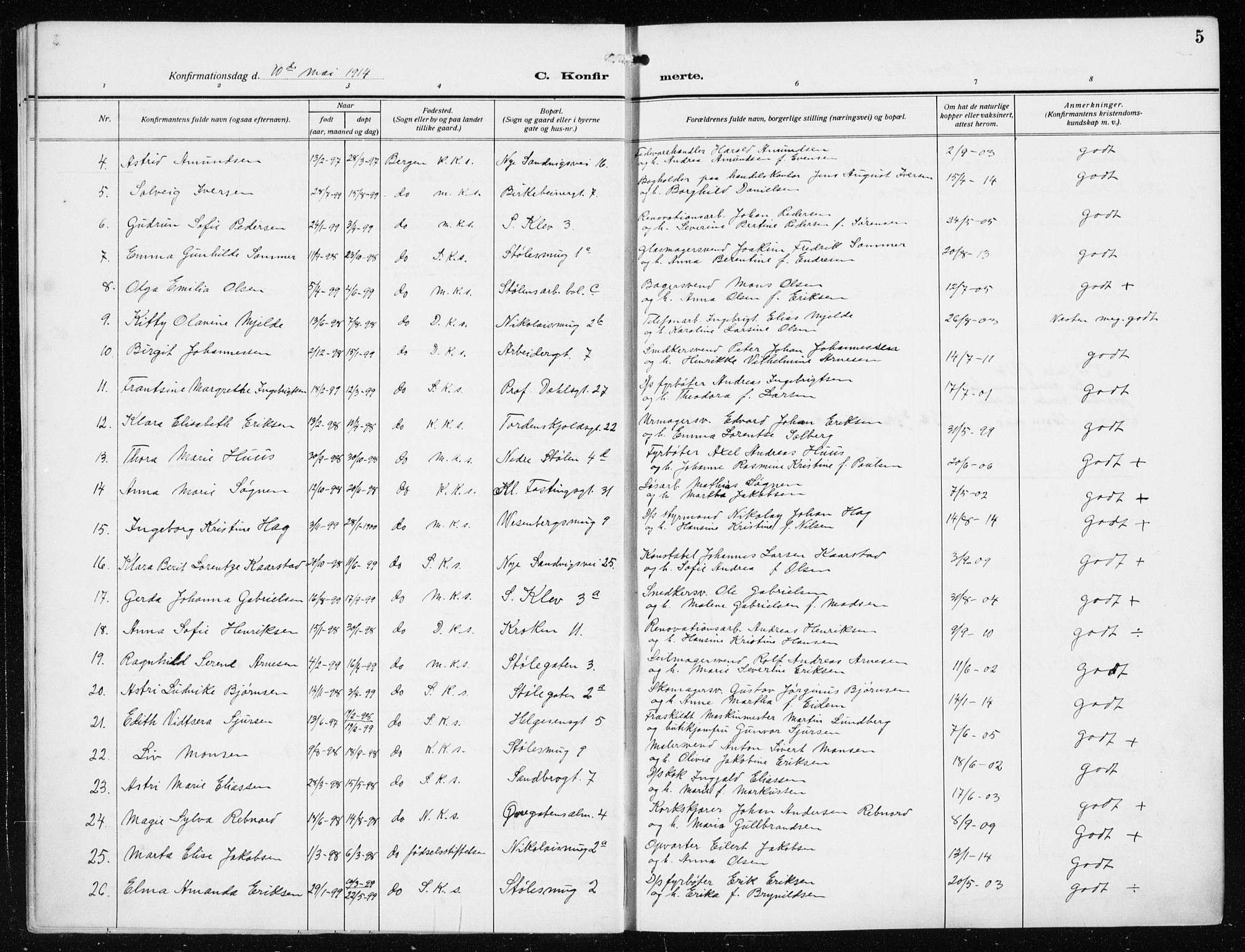 Mariakirken Sokneprestembete, AV/SAB-A-76901/H/Haa/L0015: Parish register (official) no. C 3, 1913-1927, p. 5