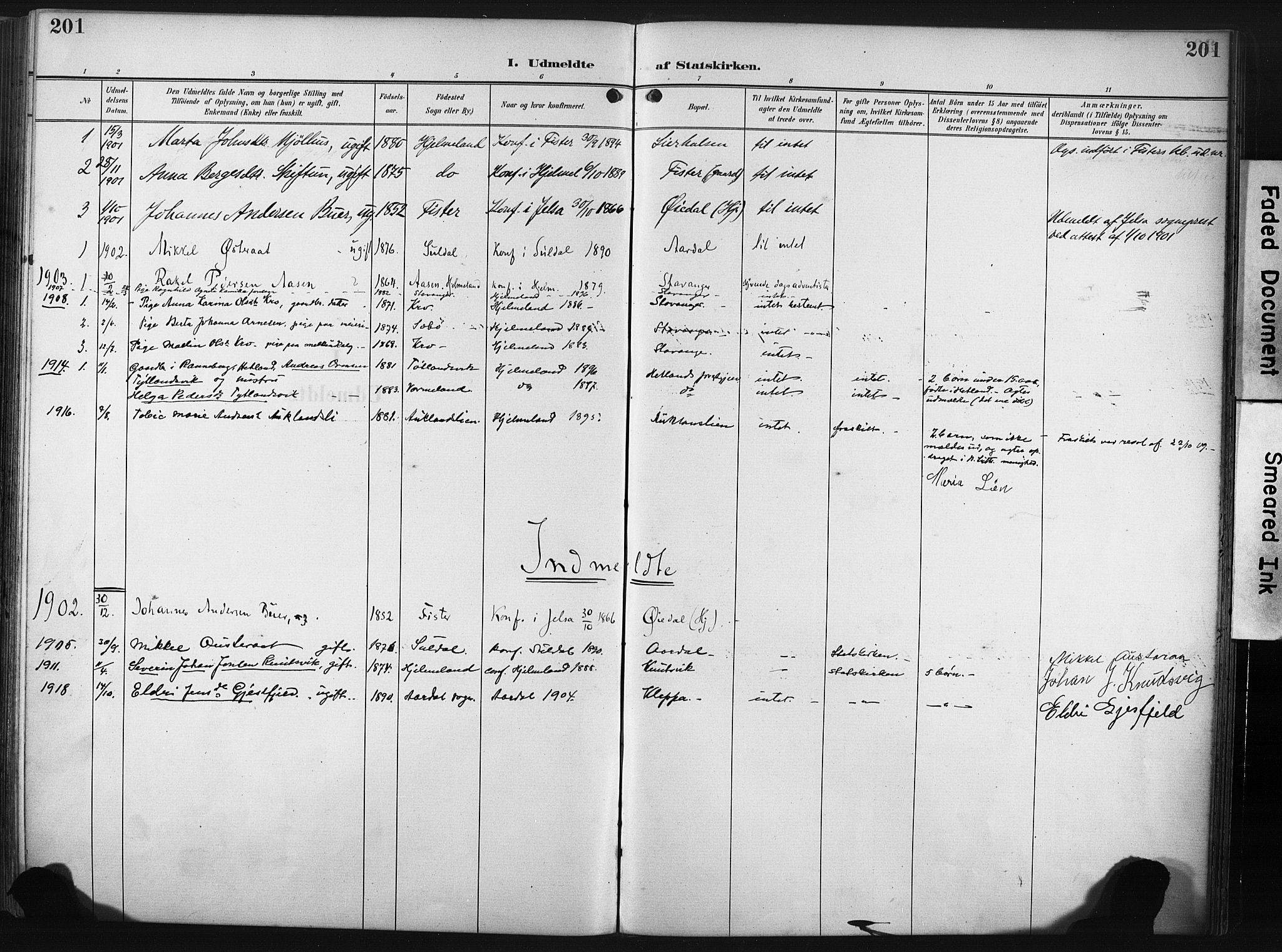 Hjelmeland sokneprestkontor, SAST/A-101843/02/A/L0002: Parish register (official) no. A 17, 1901-1916, p. 201