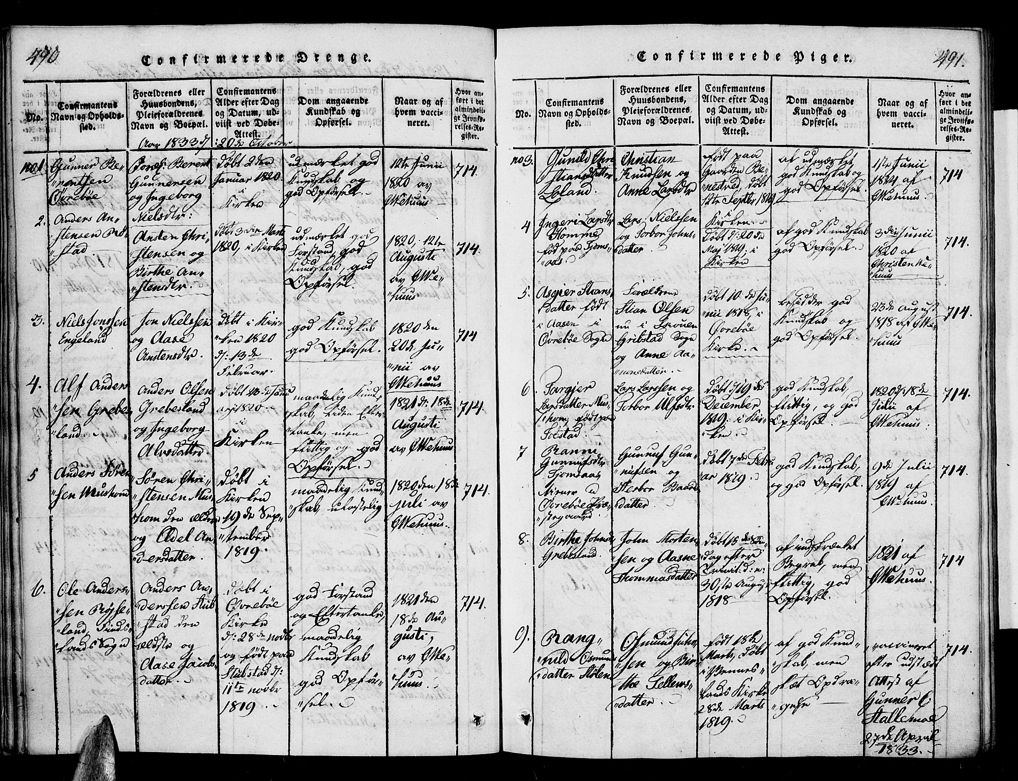 Vennesla sokneprestkontor, SAK/1111-0045/Fa/Fac/L0003: Parish register (official) no. A 3, 1820-1834, p. 490-491