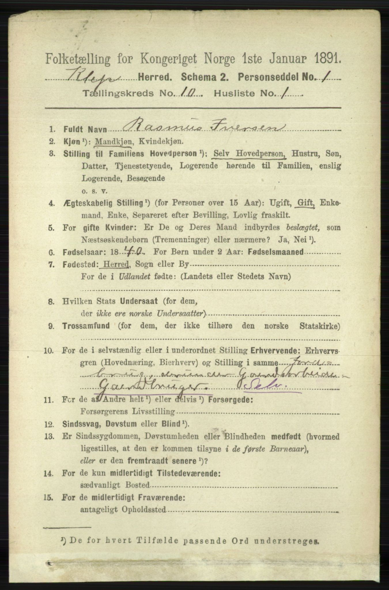 RA, 1891 census for 1120 Klepp, 1891, p. 2852